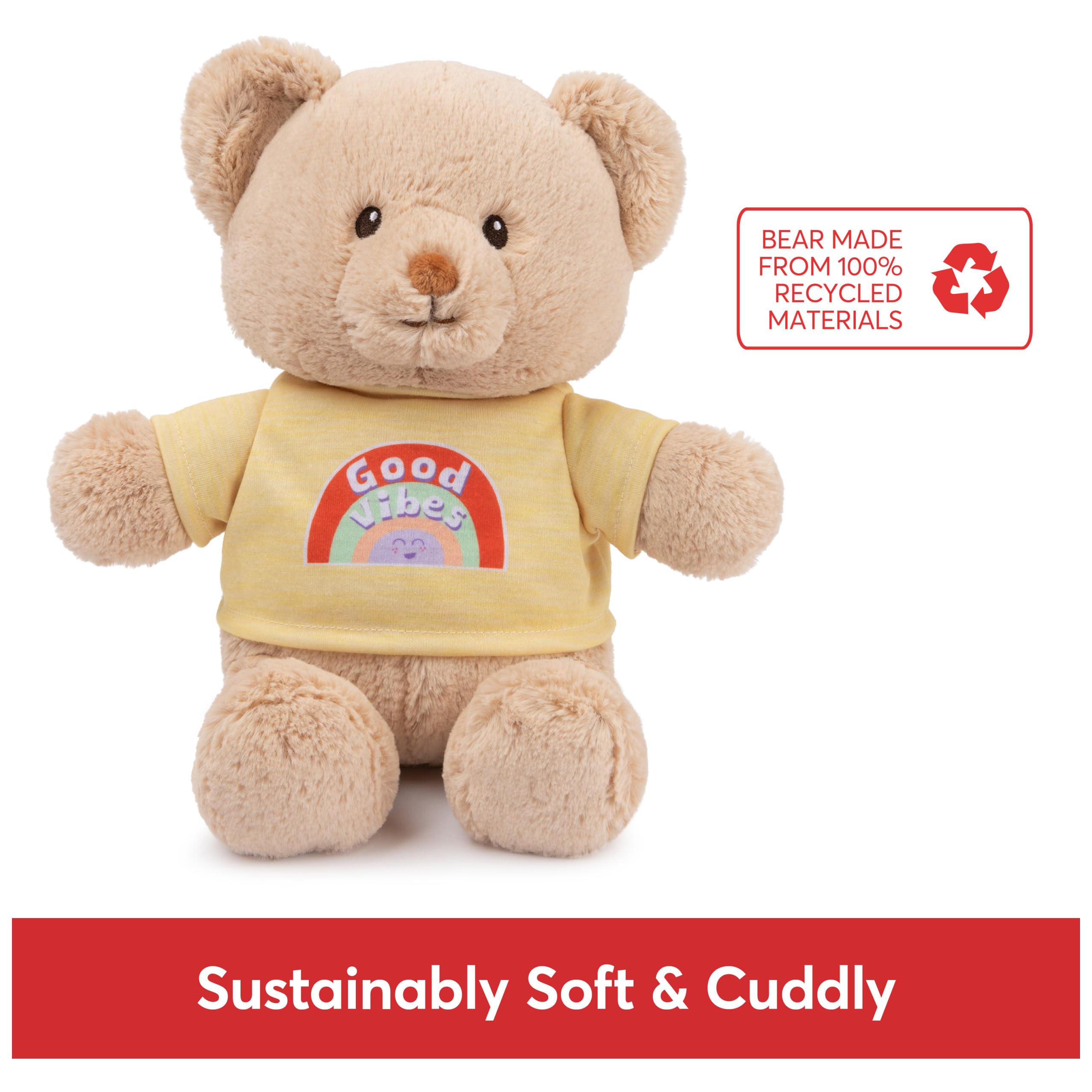 GUND "Good Vibes" Nachhaltiger Botschaftsbär mit gelbem T-Shirt, Teddybär aus 100% recycelten Materialien, ab 1 Jahr, Hellbraun, 30,5 cm