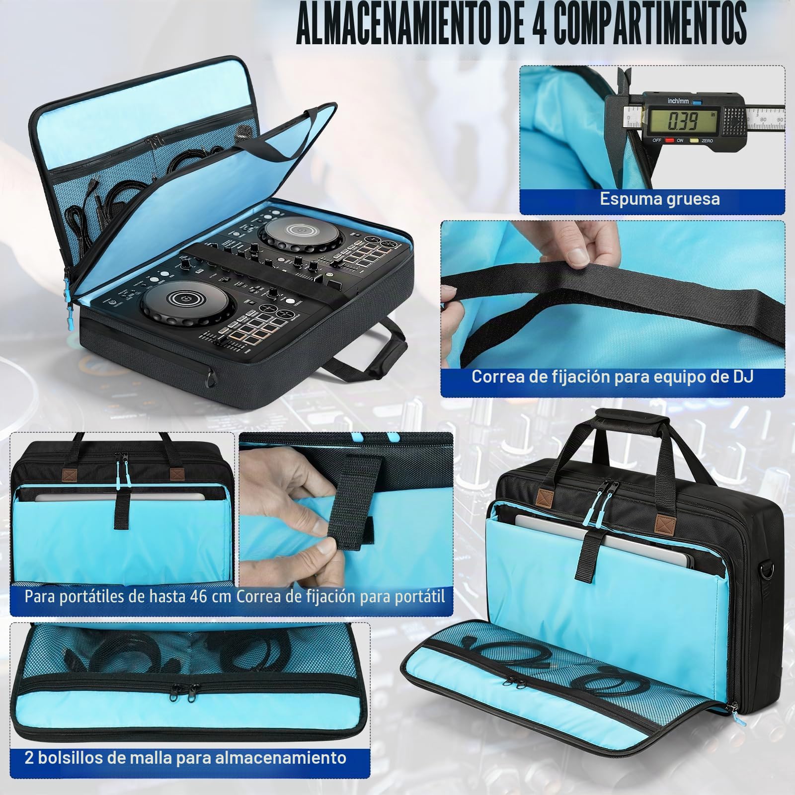 SUNDOY Bolsa de Transporte para DJ Compatible con Pioneer/Numark/Hercules, Estuche de Transporte a Prueba de Golpes con Correa para el Hombro y Compartimentos para Accesorios, Negro, 55x32x12-CM