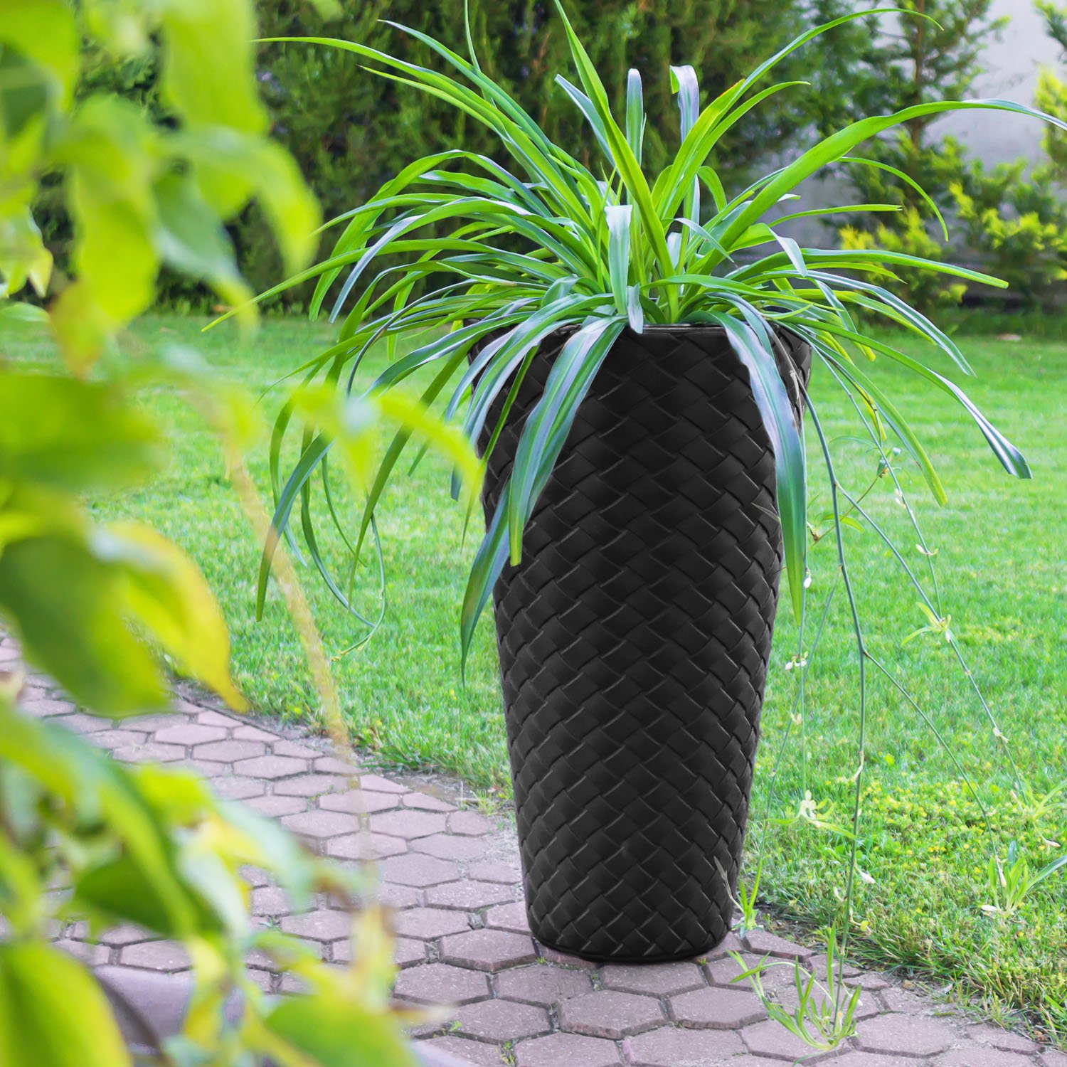 Prosperplast Matuba Slim 40 cm Rattan Impression, en Plastique Pot de Fleur en Gris