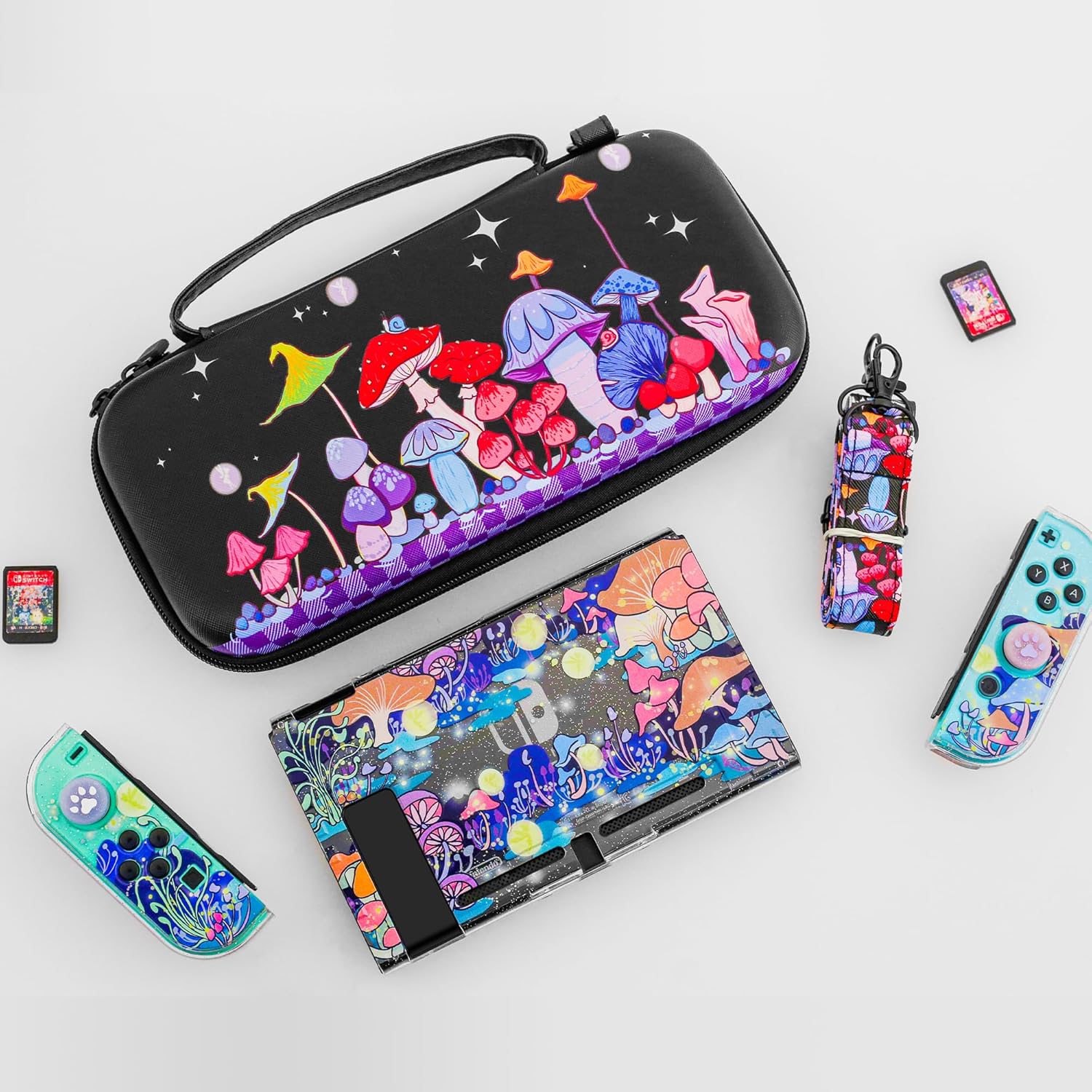 RHOTALL Colorful Mushrooms Carrying Case for Nintendo Switch,8 in 1 Accessories Kit Set Travel Carry Case with Cute Hard Shell Protective Cover,Screen protector, Strap,2 Thumb Caps