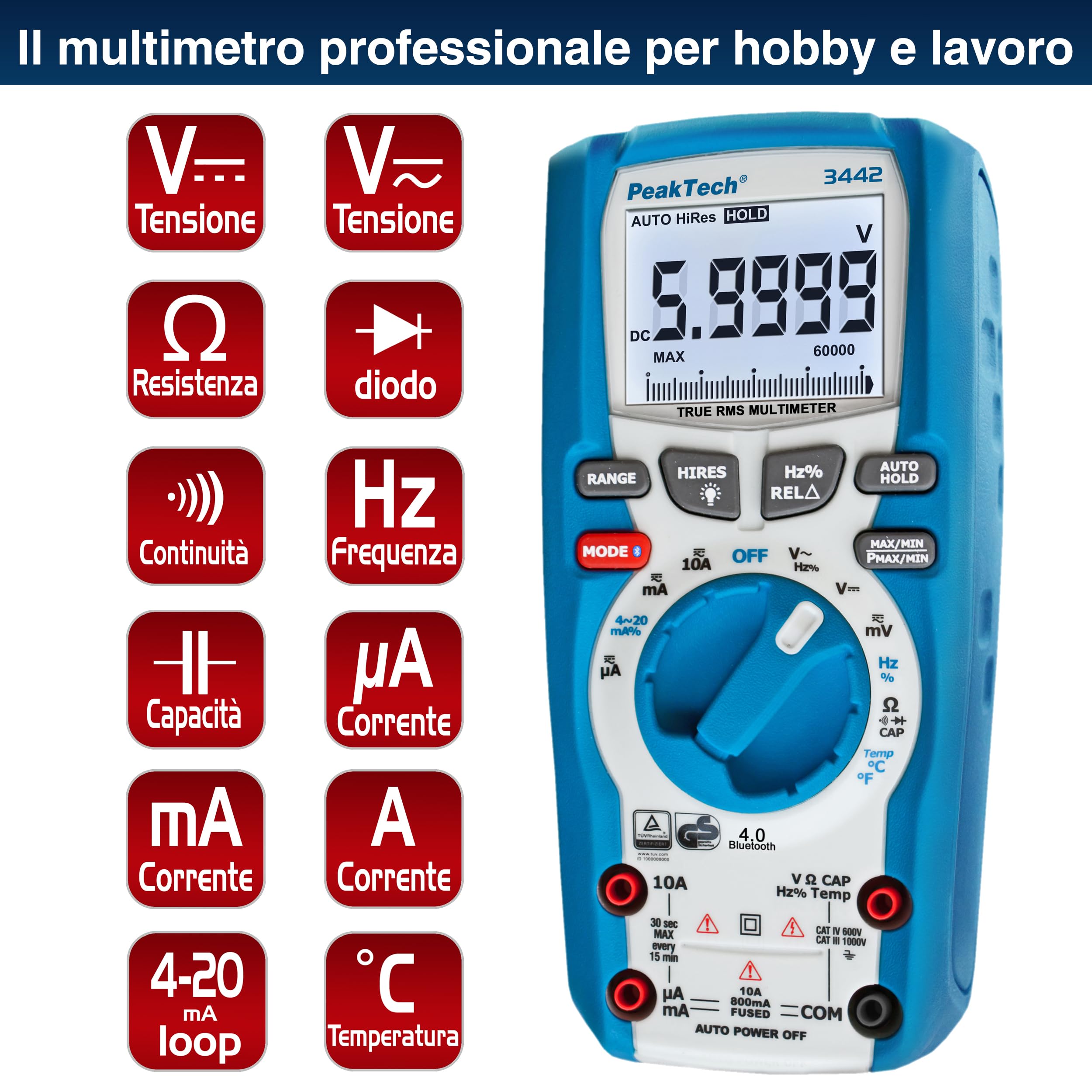 PeakTech 3442 – Multimetro digitale True RMS, con 60.000 conteggi e Bluetooth 4.0, Multimetro portatile professionale, Auto-Hold, TÜV/GS, Voltmetro, Tester di continuità - CAT III 1000V