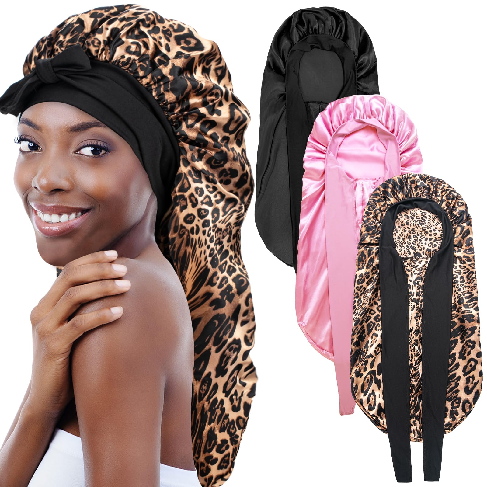 3 x Hauben für schwarze Frauen, große lange Satinhaube zum Schlafen, schwarze Seidenhaube mit dehnbarem Bindeband, Schlafhaube für langes lockiges Haar (Schwarz & Rosa & Leopard), Schwarz, Rosa und