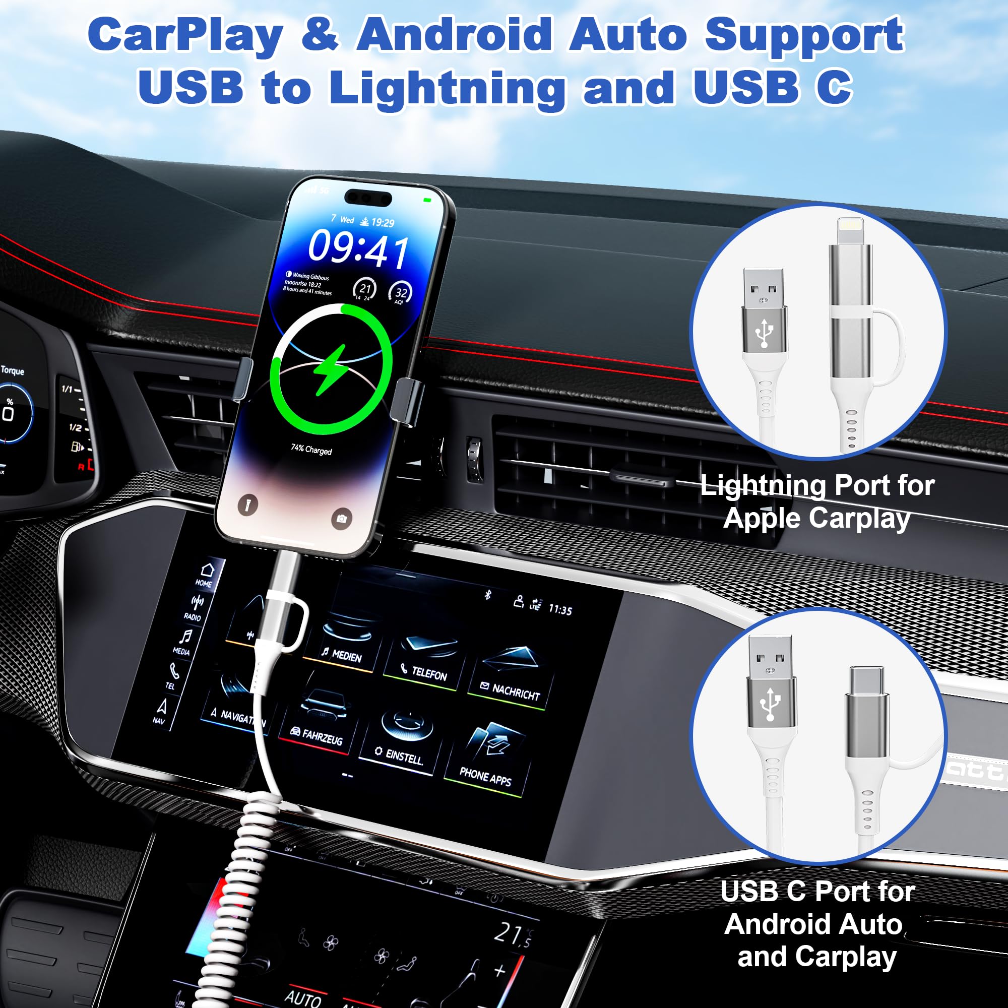 Cavo USB A a USB C e Lightning 2 in 1 per Apple Carplay e Android Auto, Ricarica rapida 3A e dati [Certificato MFi] Cavo a spirale corto USB Lightning, compatibile con