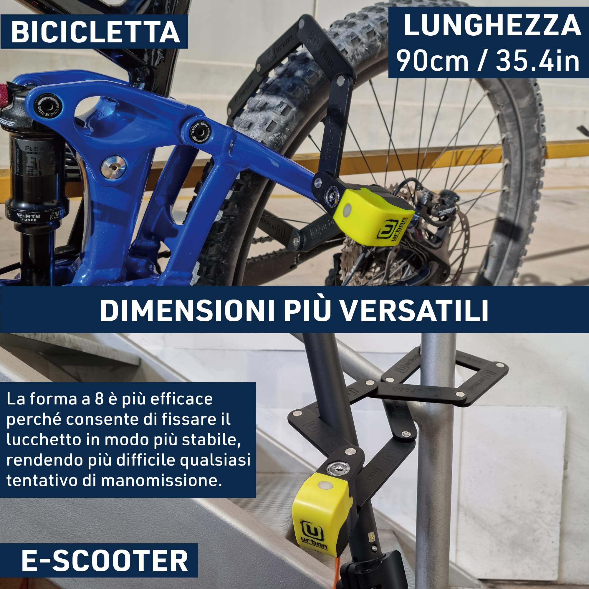 URBAN UR476Y Innovativo Lucchetto Bicicletta Senza e Allarme 120dB Hi-Tech, Lucchetto Bicicletta Pieghevole 2in 1 Sicuro, Supporto Più Funzionale e Trasporto Senza Rumore, Antifurto Bici Monopattino