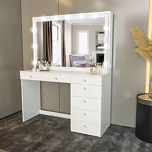 Boahaus Diana Modern Lighted Vanity Desk, White Finish, Crystal Ball Knobs, Makeup Vanity for Bedroom