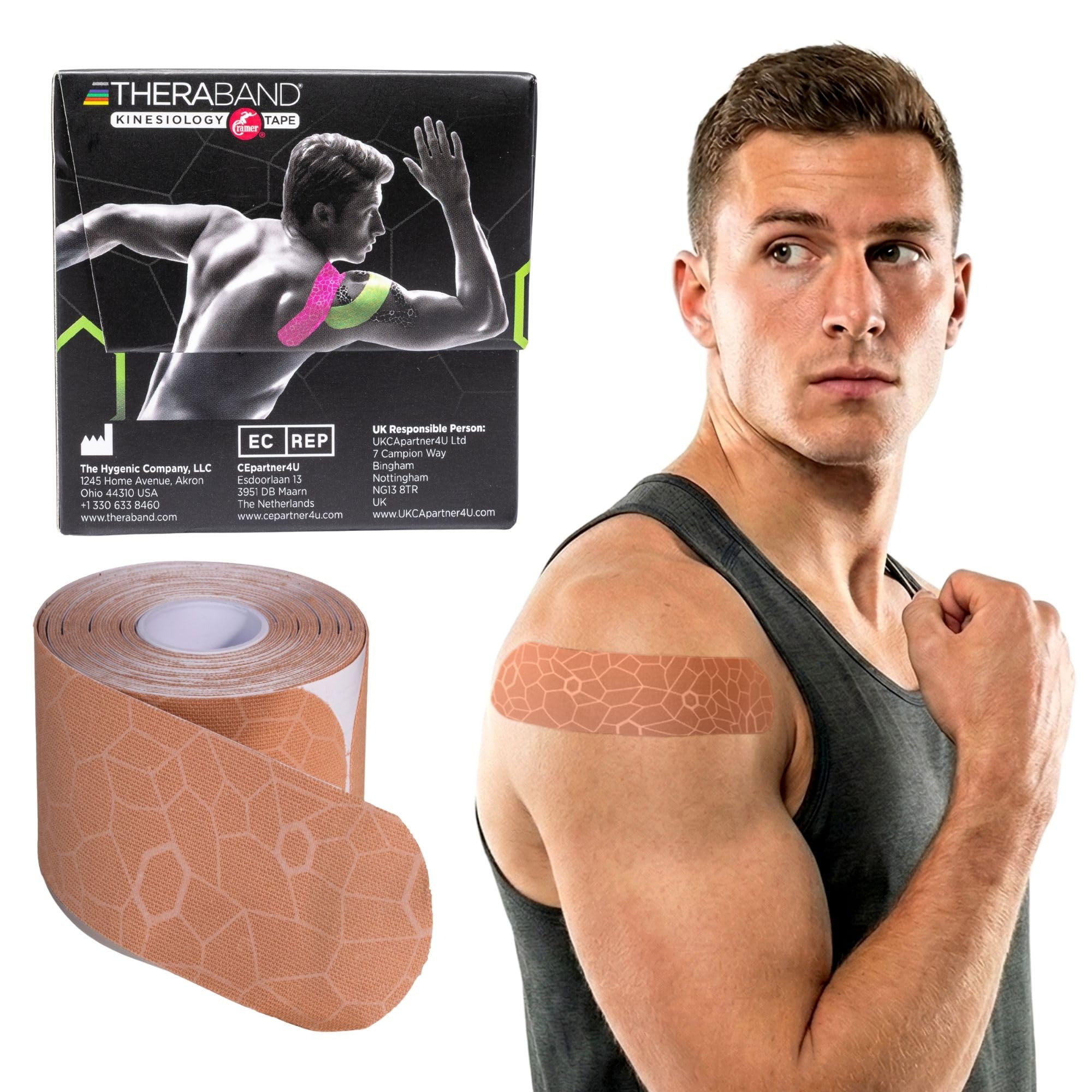 Kinesiology Tape, Waterproof Physio Tape for Pain Relief, Muscle & Joint Support, Standard Roll with XactStretch Application Indicators, 2" X 10" Strips, 20 Precut Strips, Beige/Beige