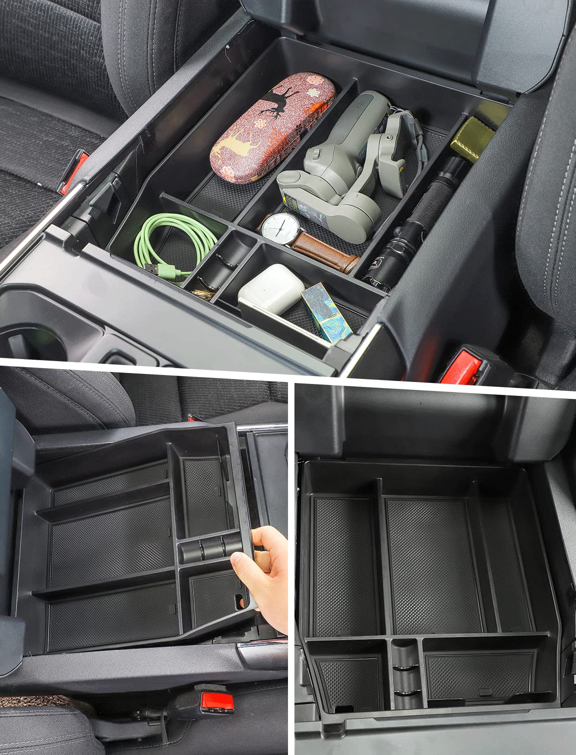 Savadicar Center Console Organizer Compatible with 2021 2022 2023 Ford F150 (Not Fits 40/20/40 Jump Seat Console), ABS Armrest Insert Storage Tray With Liner Pad, Interior Accessories, Black