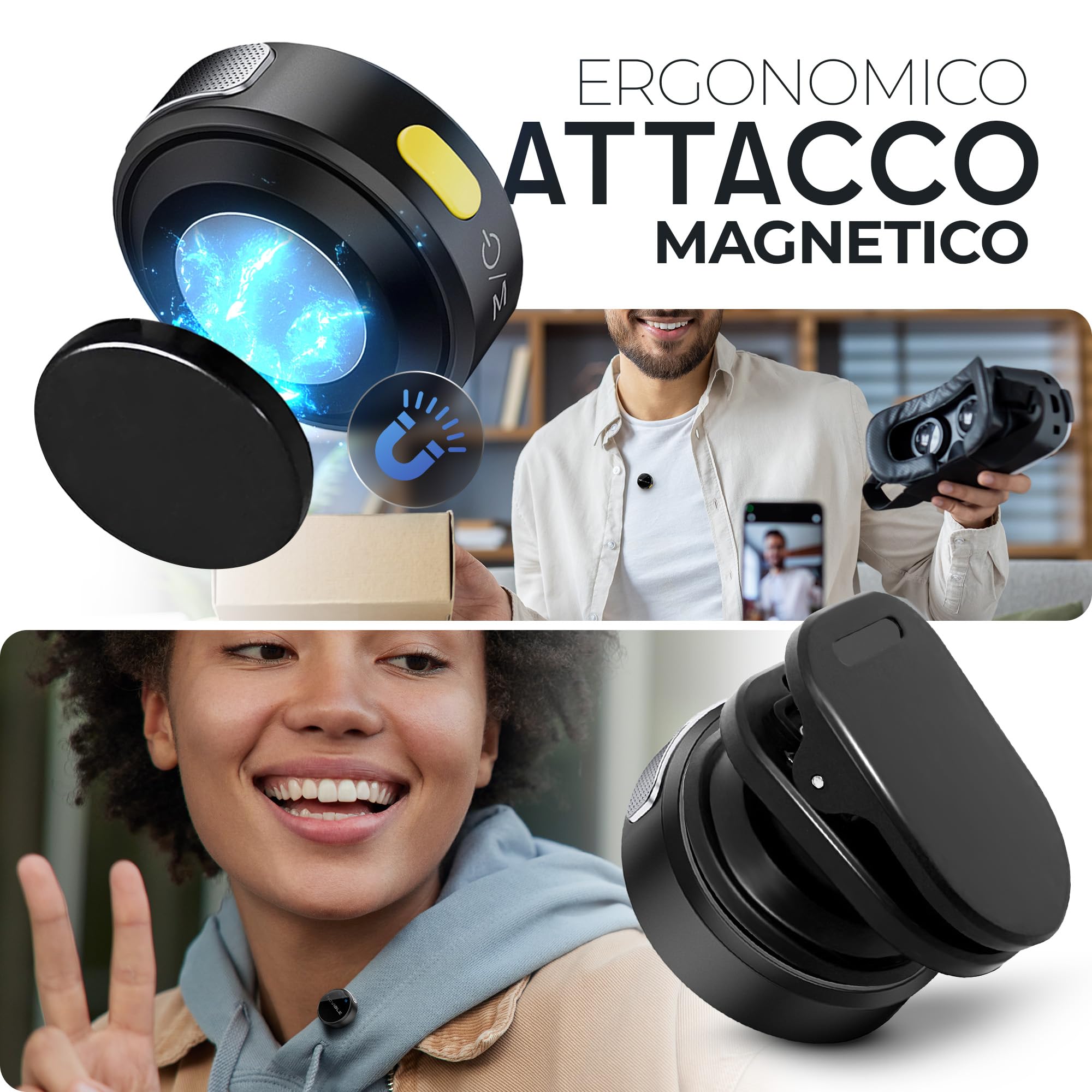 Microfono Lavalier Wireless per iPhone, Android, Fotocamera, PC - Audio Chiaro, Cancellazione Rumore, Portata 100 m - Autonomia 25 h con Custodia di Ricarica