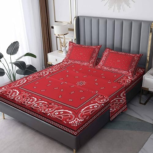Juego de sábanas tipo bandana de color rojo, tamaño Queen, sábanas y fundas de almohada con patrón de cachemira, bolsillo profundo de 16 pulgadas,
