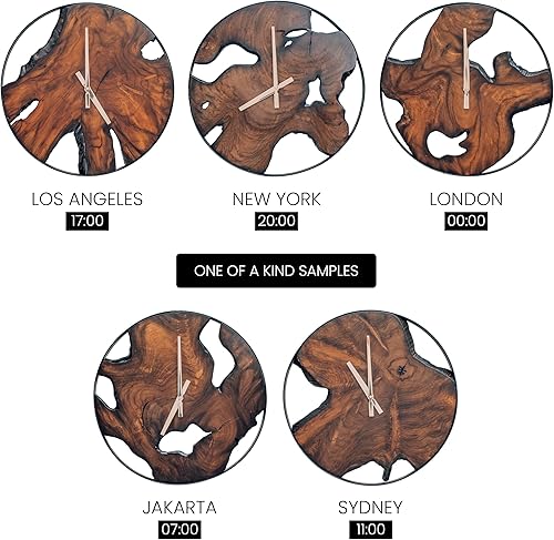 Miniatura 8 de Gamoora Reloj de pared de madera rústica, esfera de teca moderna y única con marco de metal negro grande, decoración silenciosa de sala de estar,