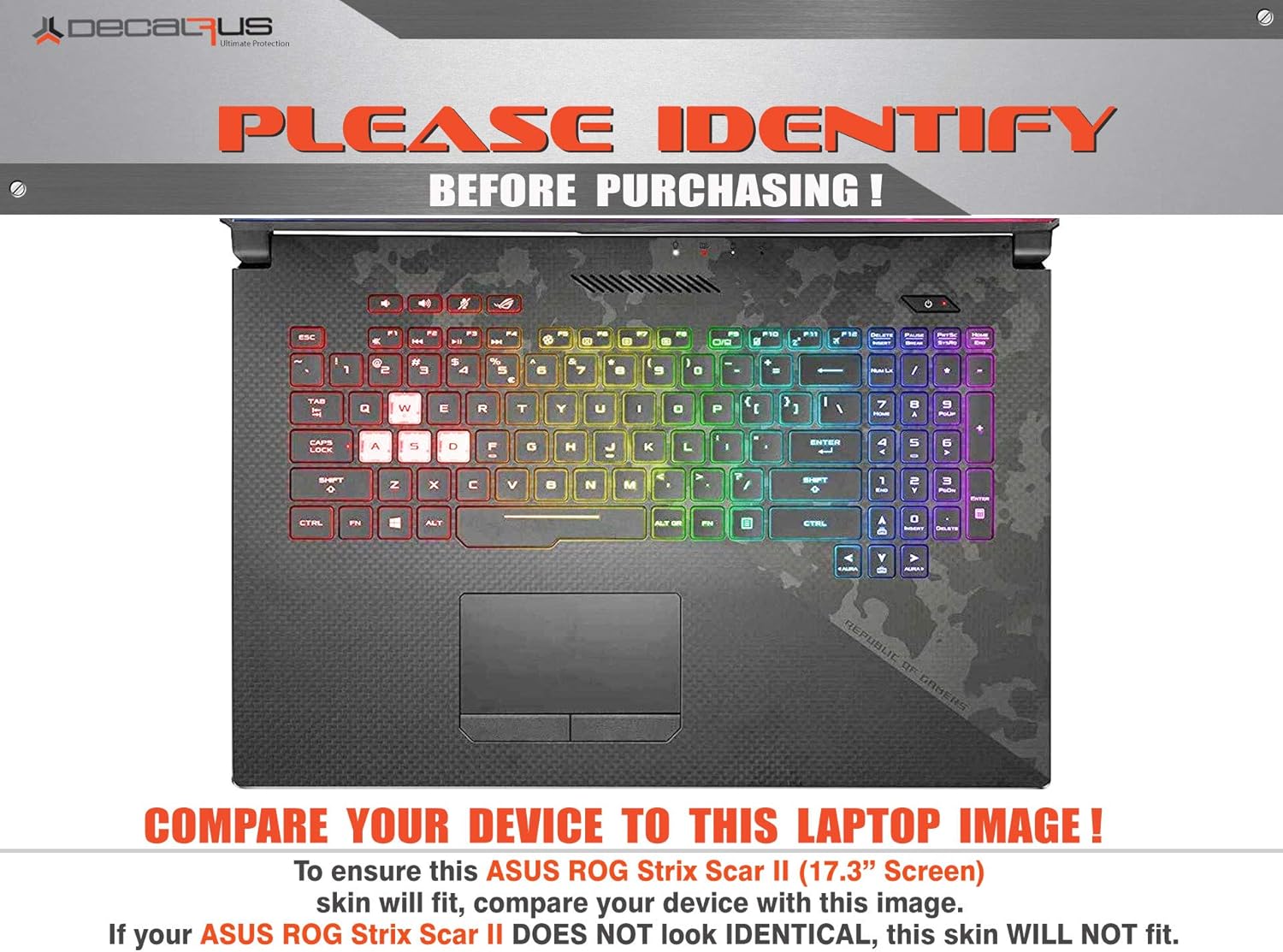 Decalrus - Protective Decal Skin Sticker for Asus ROG Strix Scar II GL704GV (17.3" Screen) case Cover wrap ASrogStrix_Scar2_17-110