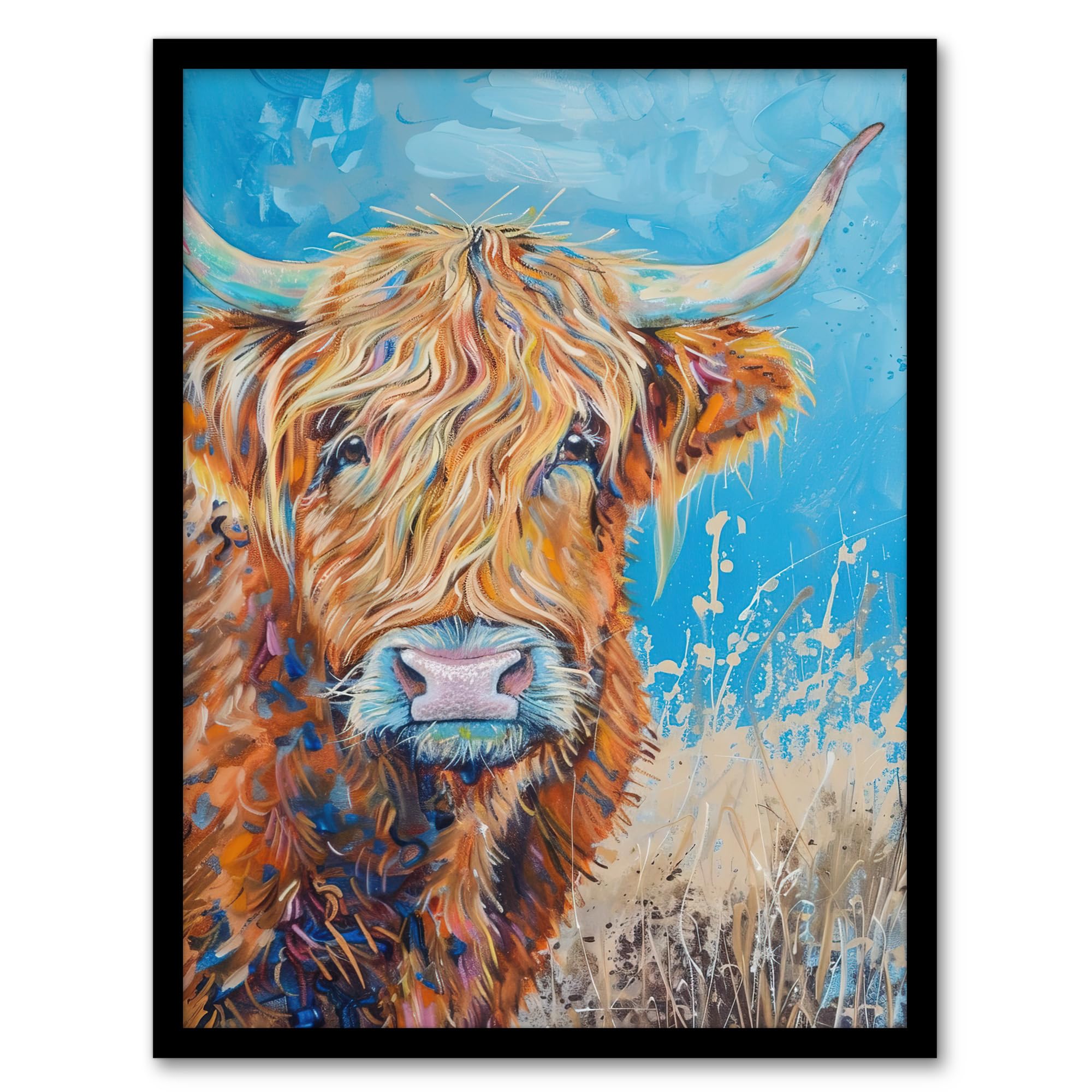 Artery8 Highland Cow Oil Portrait Scottish Summer Living Room Artwork Framed Wall Art Print A4