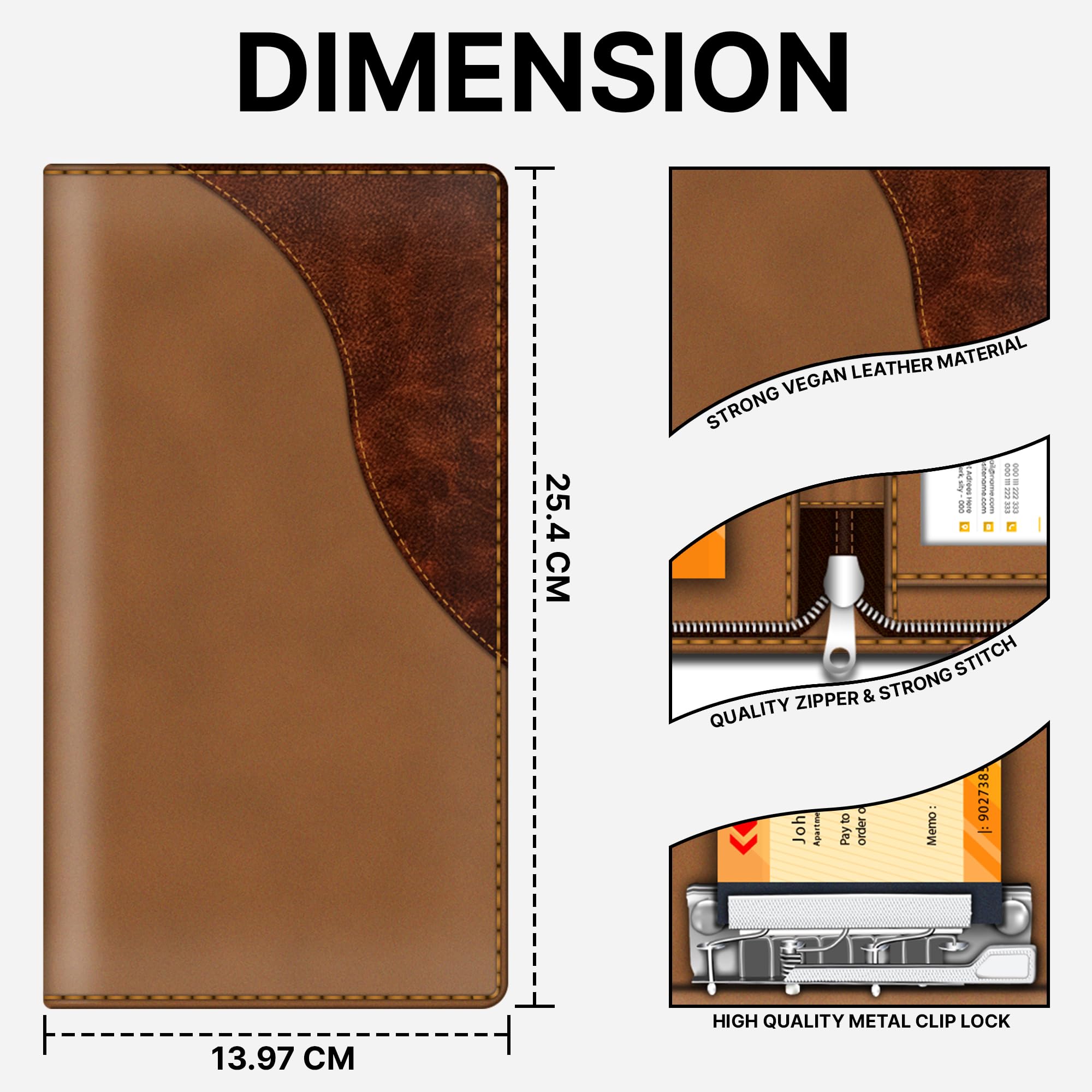 FEDUS Dual Brown Vegan Leather Expanding Handmade Multiple Cheque Book Holder for Cards, Women/Men Checkbook Wallet, Traveling Wallets, Documents Holder 3