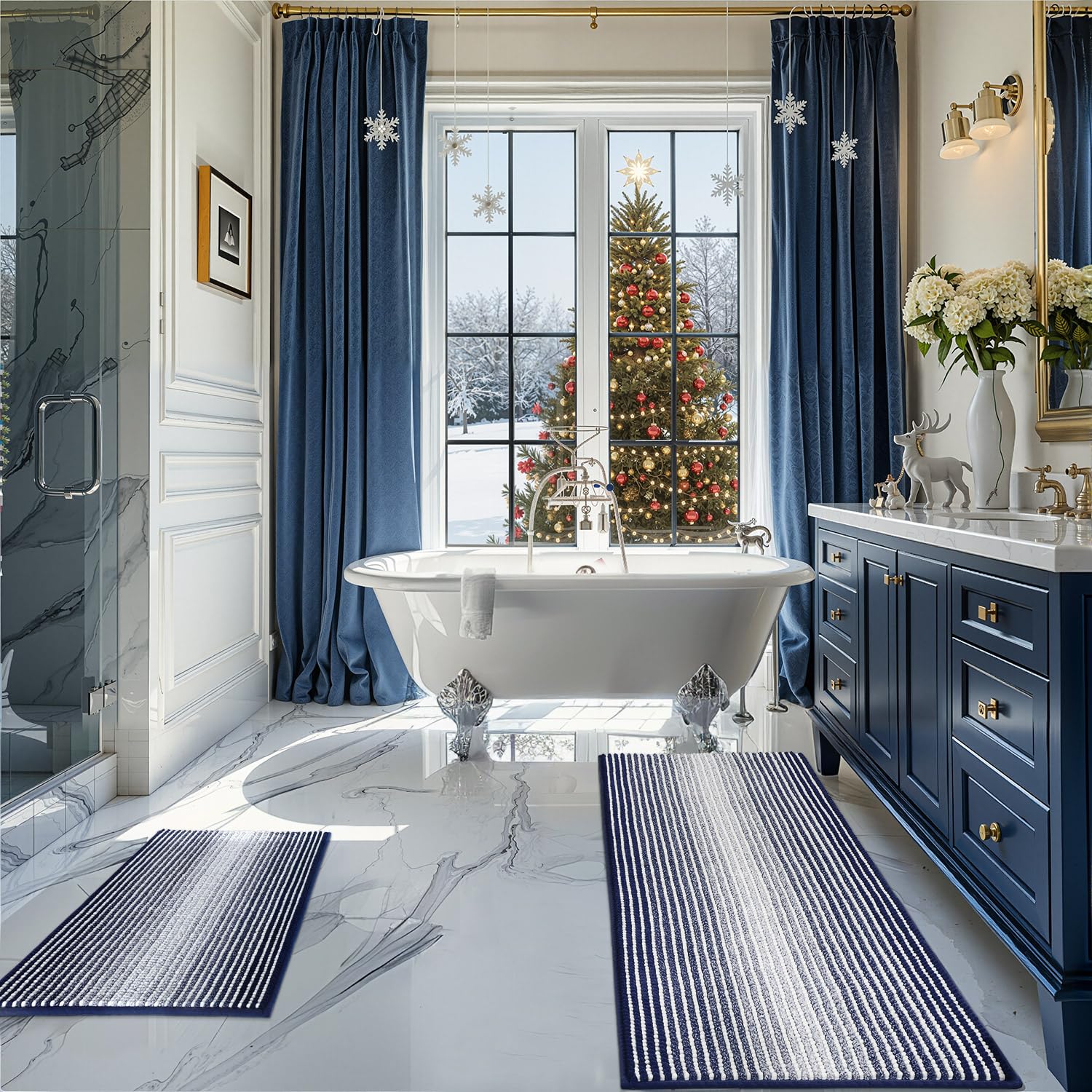 BSICPRO Bathroom Rugs and Mats Sets, 2 Piece Thick Absorbent Chenille Bath Mat Rug Set Non Slip, Soft Shaggy Bath Room Floor Mats for Bathroom, Machine Washable (Navy, 20" x 47" Plus 20" x 32")