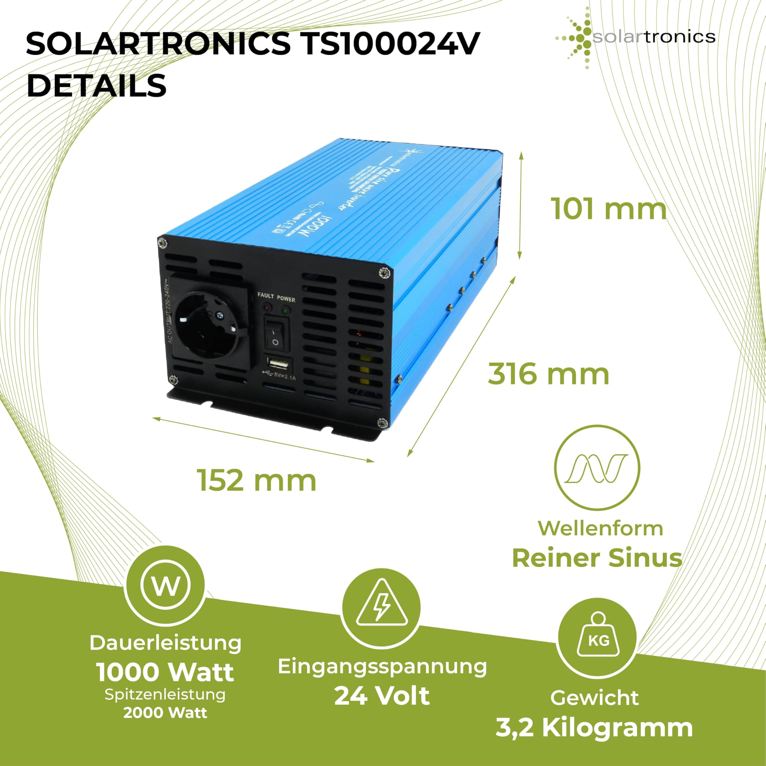 SOLARTRONICS TS1000 Spannungswandler 24V 230V 1000/2000 Watt Reiner Sinus blau Solar Inverter 24V auf 220V Wechselrichter Umrichter USB AC Steckdose