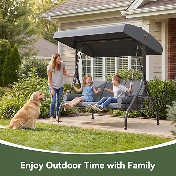 Aoxun Outdoor Porch Swing with Stand and Canopy, 3 Seats Outdoor Swings for Adults, Convertible 2 in 1 Swing Bed with Cup Holder, Patio Swings with Thicken Cushions for Garden, Yard & Balcony, Grey