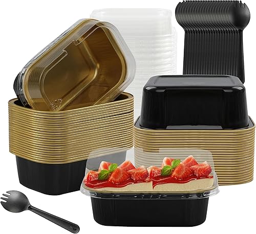 Mini moldes para pasteles con tapas, 30 moldes desechables de papel de aluminio de 5.5 onzas, moldes de aluminio para cupcakes con tapas, moldes