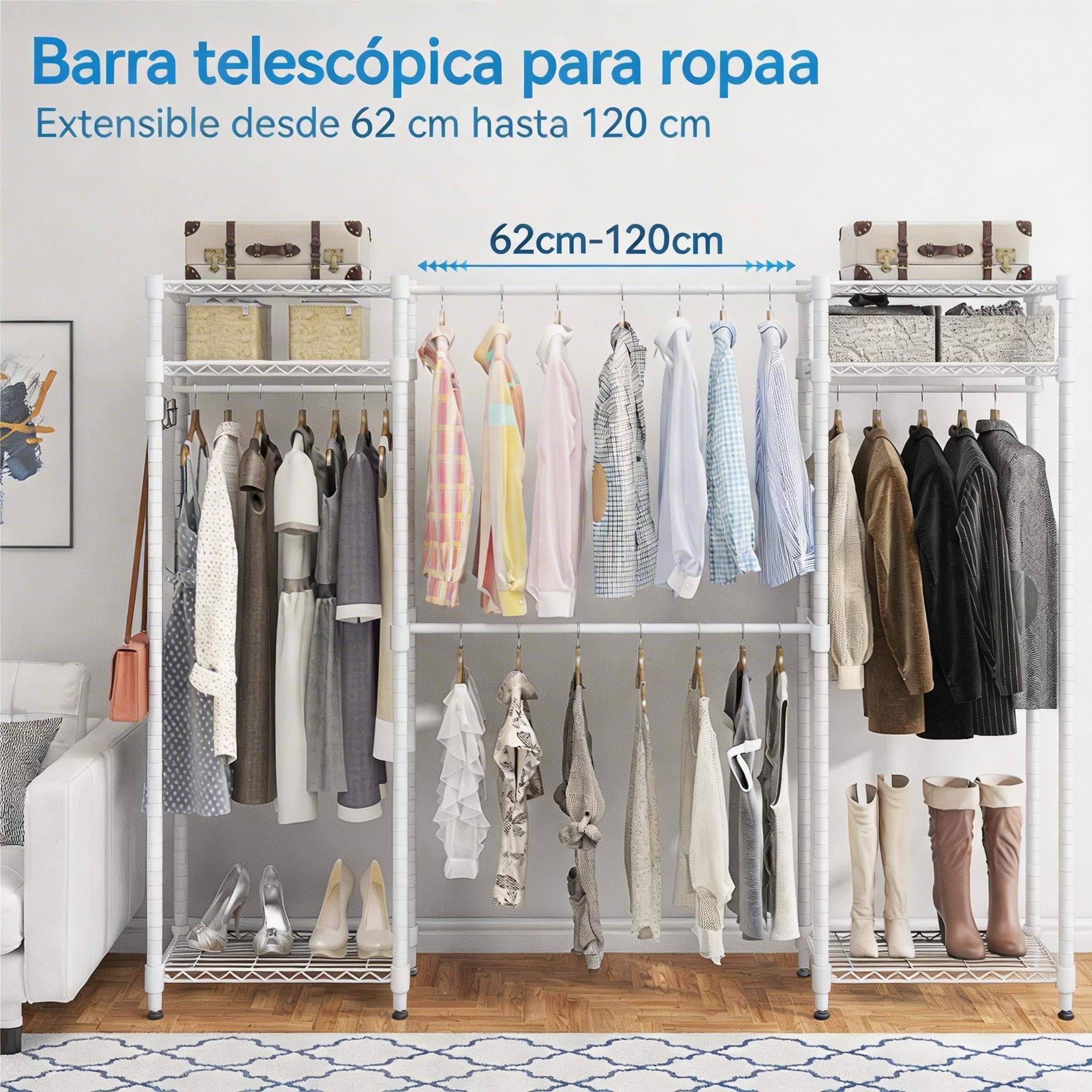 Himimi Perchero Telescópico con 4 Barras para Ropa, Armario Estable de Alta Capacidad con 6 Estantes Metálicos y 1 Gancho, Altura Ajustable, Sistema de Armario Abierto, A(182-240) x H180 cm Blanco
