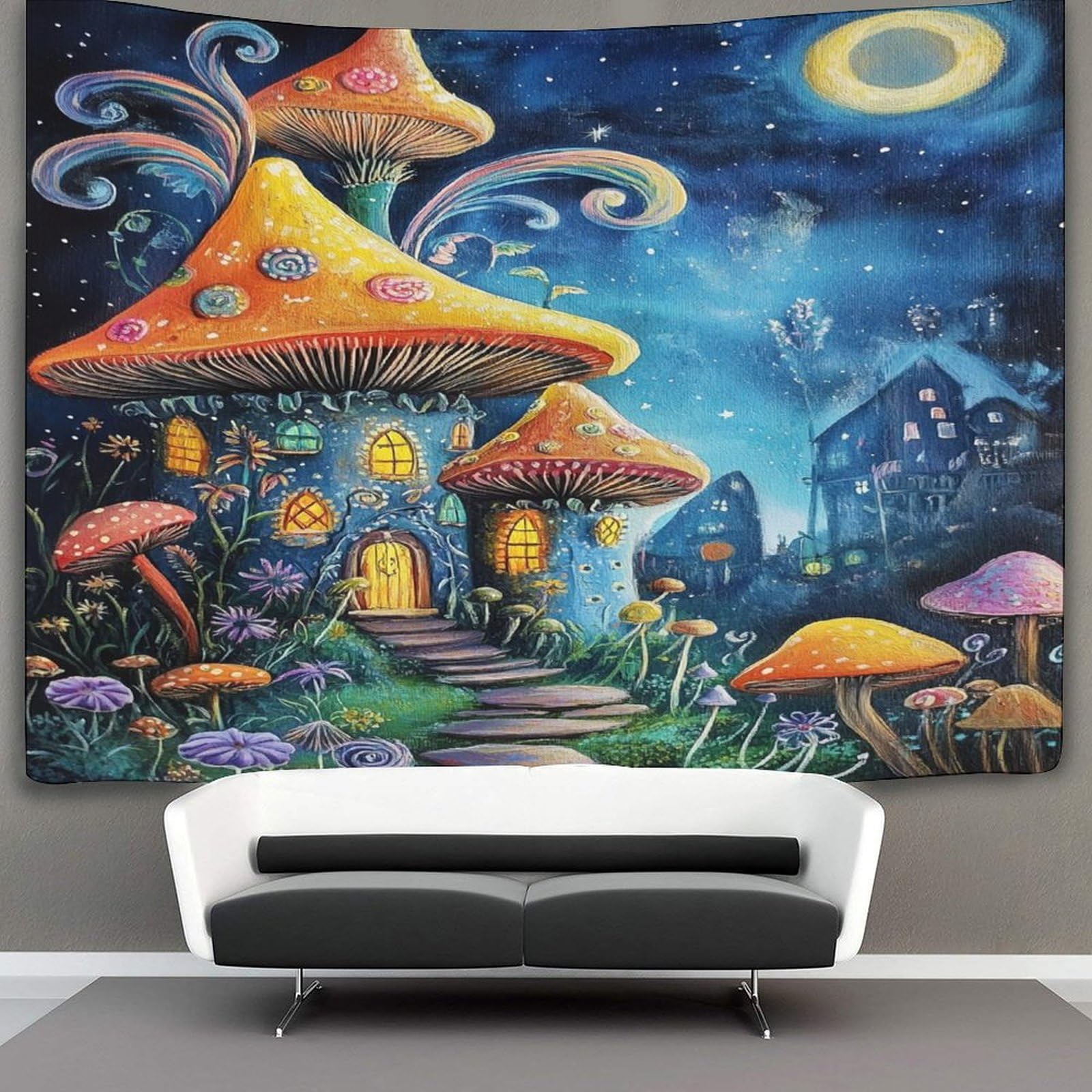 kaiyun Mushrooms Tapestry Wall Hanging Swirls And Flowers Cartoon Style Wall Art for Living Room Bedroom Dorm 70cmx100cm