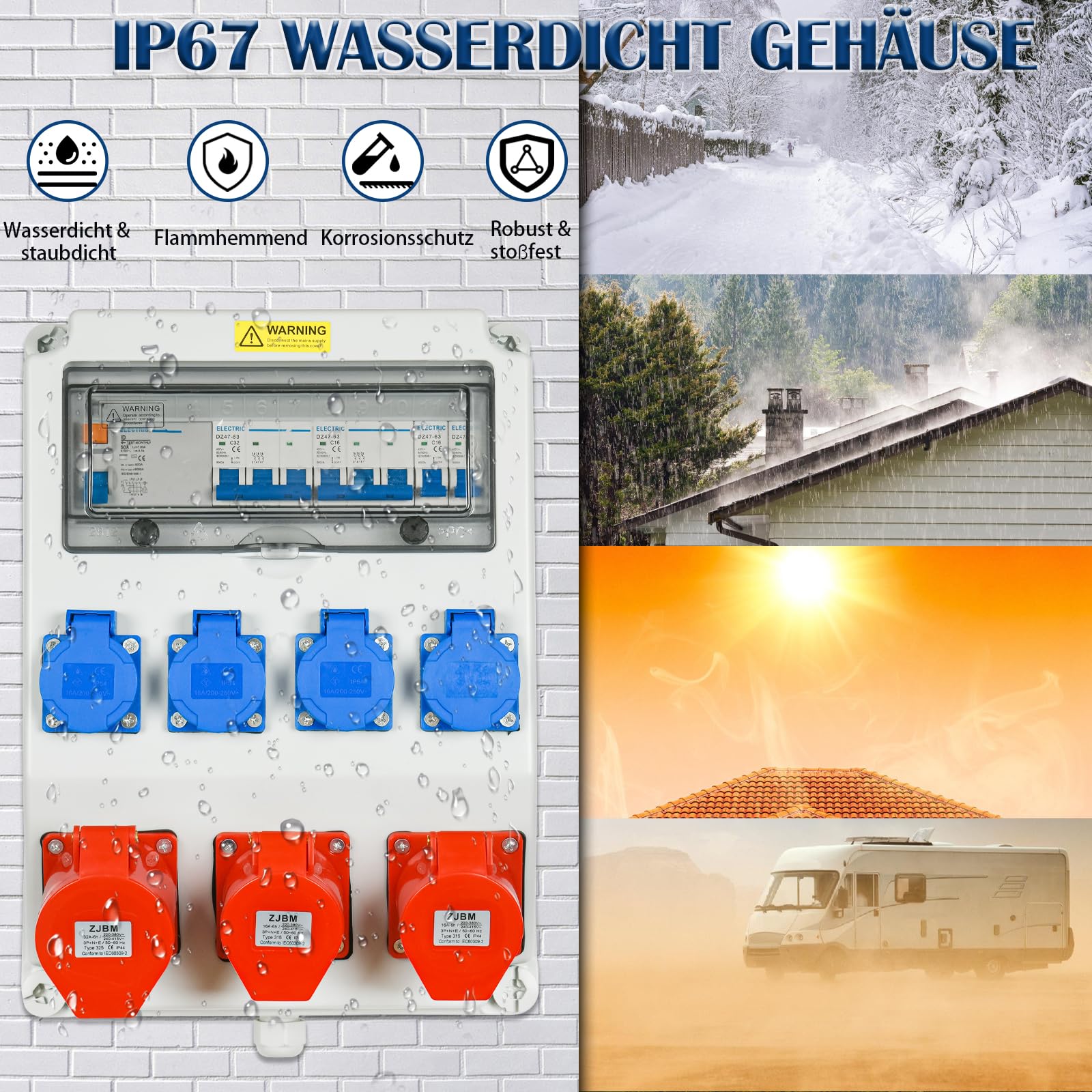 Warmfay Distributore di corrente da parete, precablato, 4 x 230 V + 2 x CEE 16 A + 1 x CEE 32 A, distributore di corrente di costruzione con interruttore FI 50 A e interruttore LS, alloggiamento