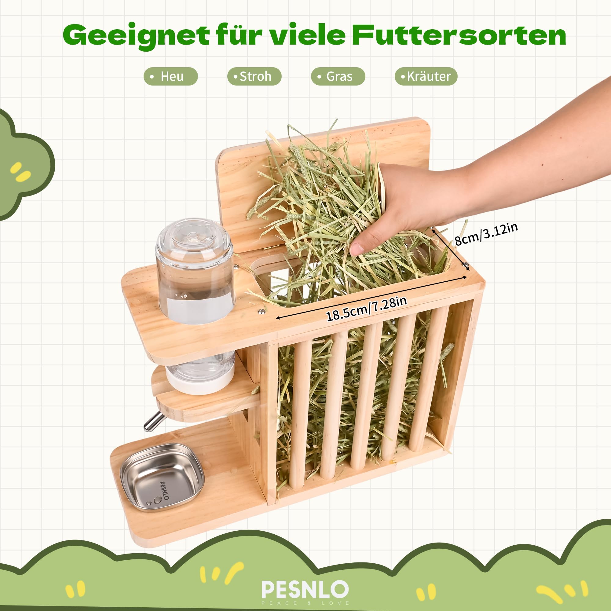 Râteau à foin en bois avec gourde de 500 ml et bac d'égouttement en acier inoxydable