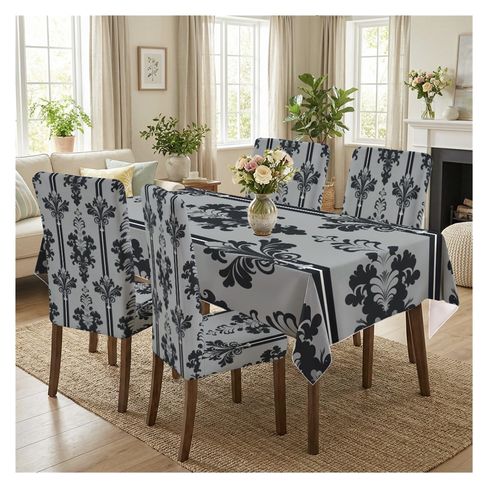 BOSUYBN Elegant Damask Dining Set Covers, 5/7 Piece Tablecloth With Matching Chair Slipcovers In Gold Pattern For Refined Interiors Table Setting(5pcs Set: Tablecloth+Chair Covers)