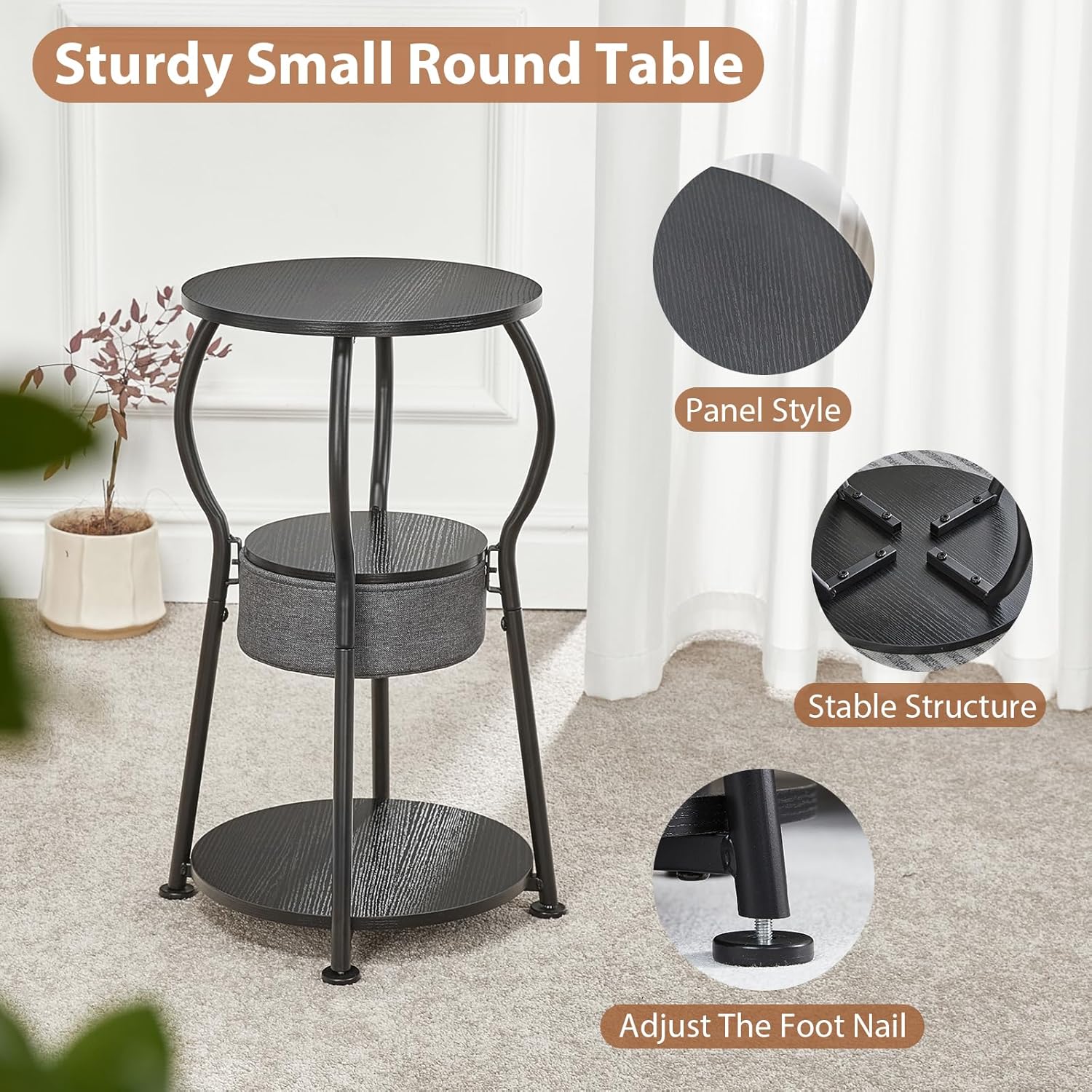 Small Round Side Table with Storage Bag, 3-Tier Accent Round End Table with Four Storage Functions for Living Room, 21.6" H Vintage Smalls Corner Table for Small Spaces Nightstand Bedroom
