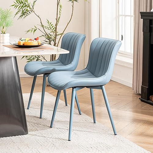 Miniatura 6 de YOUNUOKE Mid-Century - Juego de 2 sillas de comedor modernas tapizadas de piel sintética azul con patas de metal azul, silla decorativa sin brazos