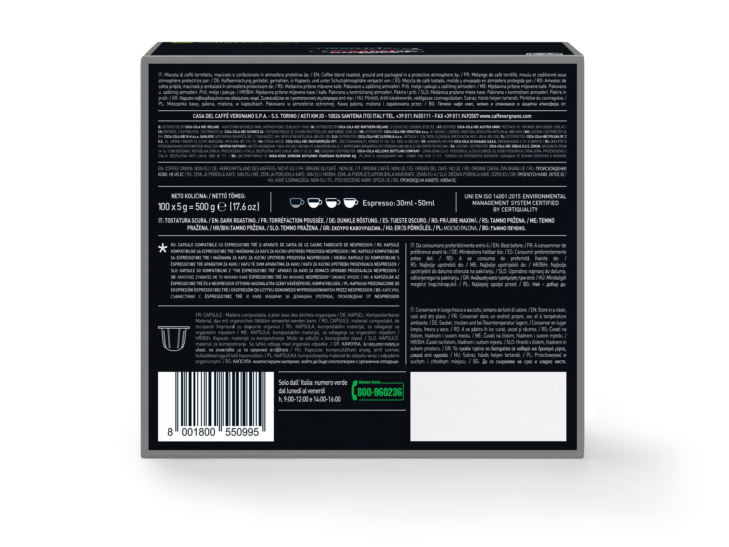 Caffè Vergnano 1882-100 Capsule - Caffè Compostabili e Compatibili con Nespresso, Intenso - Pack da 100 capsule (Confezione da 2)