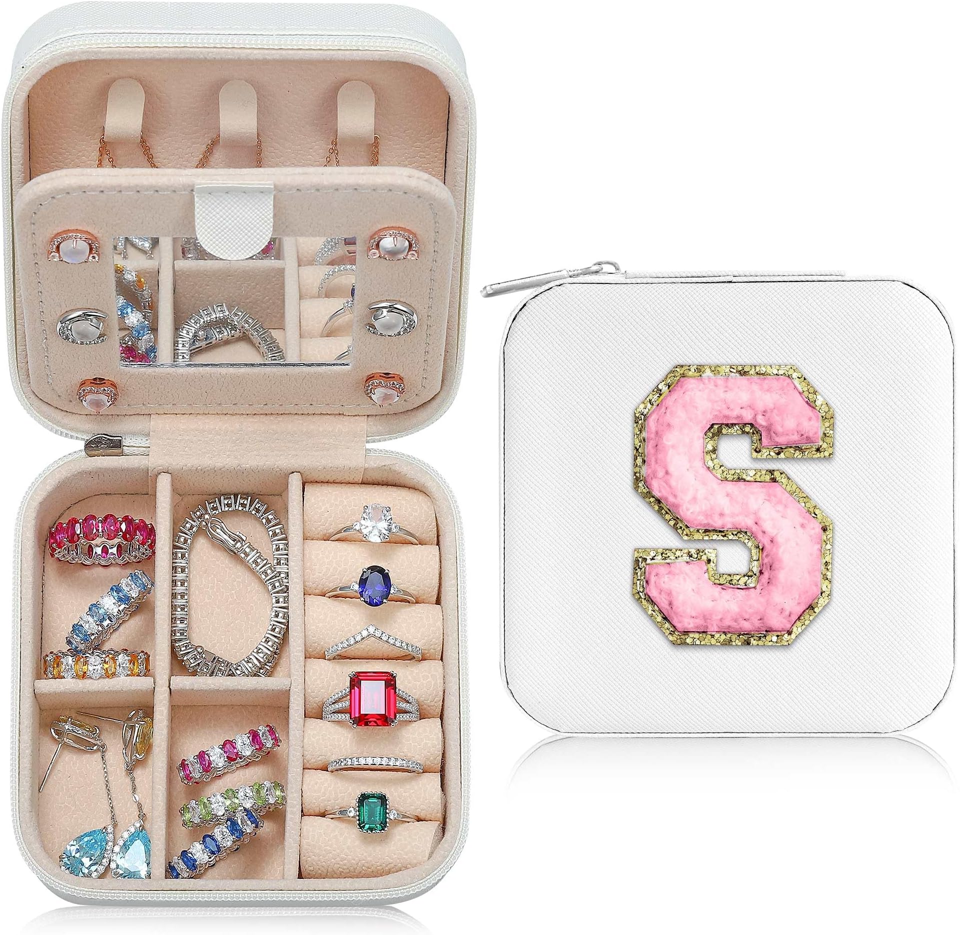 Bridesmaid Gifts for Wedding Day, Bridesmaid Gifts for Women | Bridesmaid Proposal Gifts Unique Gifts | Wedding Travel Essentials Small Jewelry Box | Travel Jewelry Case - Letter S, White