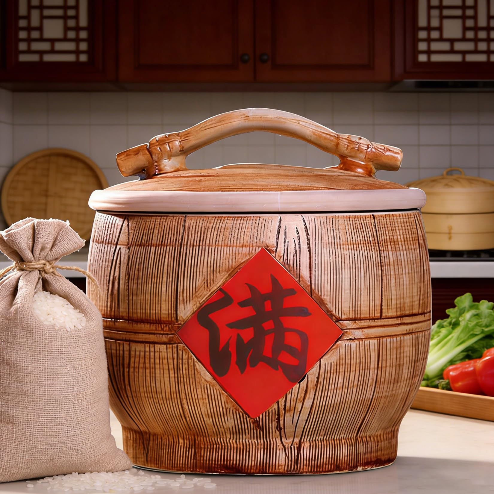 MMleYN Airtight Ceramic Rice Bucket With Lid Large Capacity Porcelain Food Container Multi-Purpose Jar For Rice Soybeans Corn Flour Oatmeal Kitchen(A,15kg)