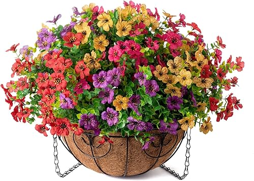 Miniatura 7 de HyeFlora - Cesta colgante con eucalipto y margaritas de seda sintética para verano, resistentes a los rayos ultravioleta, apariencia realista,