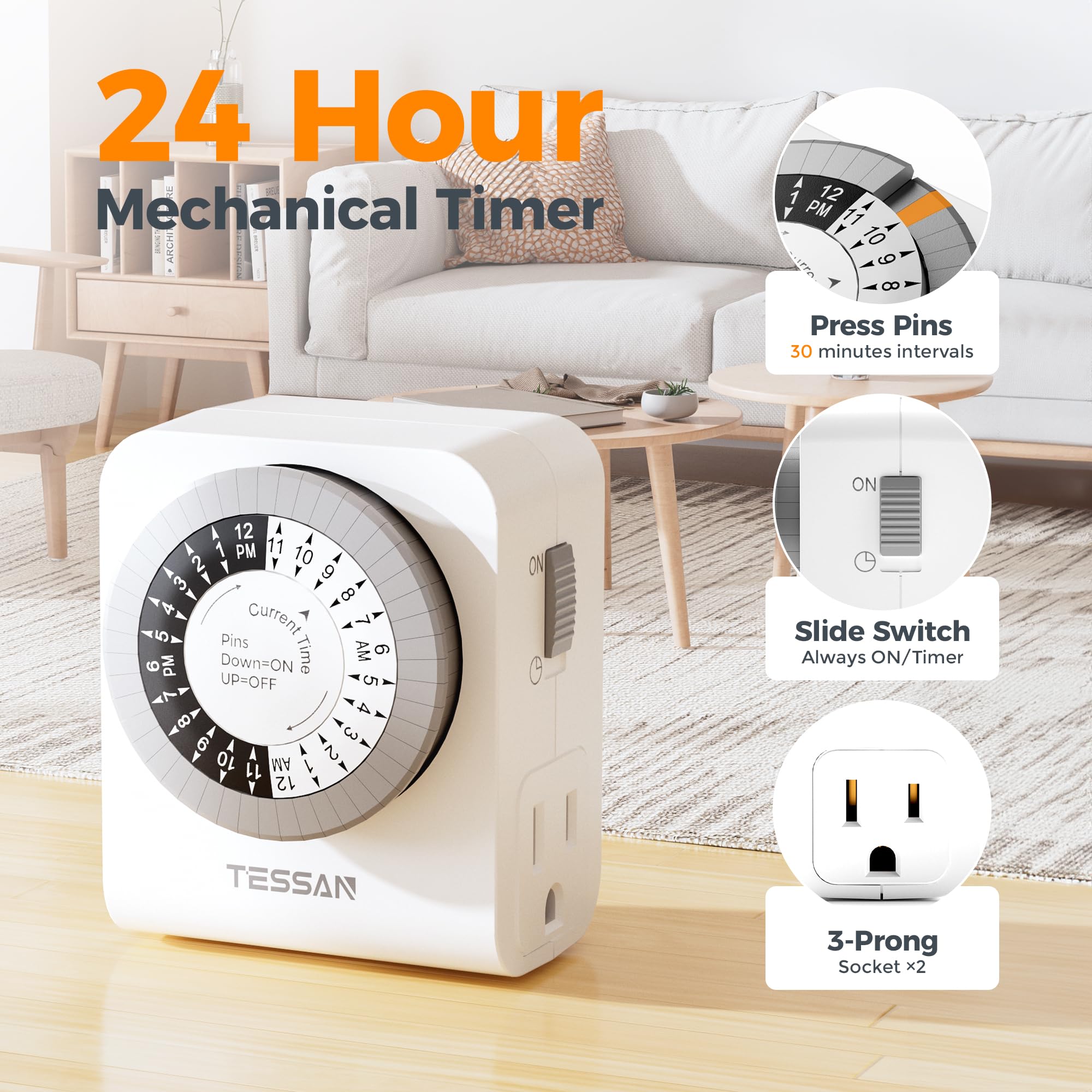 Snapklik.com : TESSAN Outlet Timer, Mechanical 24-Hour Light Timers For ...