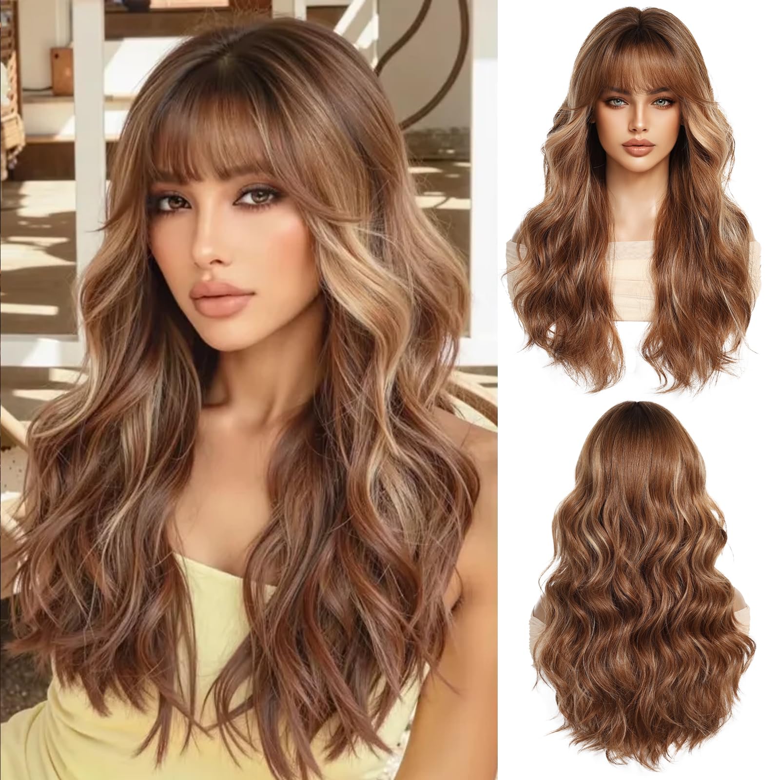 Perruques Longues Ondulées Ombre Ginger pour Femmes avec Franges Cheveux Synthétiques Naturels Perruques Résistantes à La Chaleur pour La Fête Quotidienne Cosplay Wear