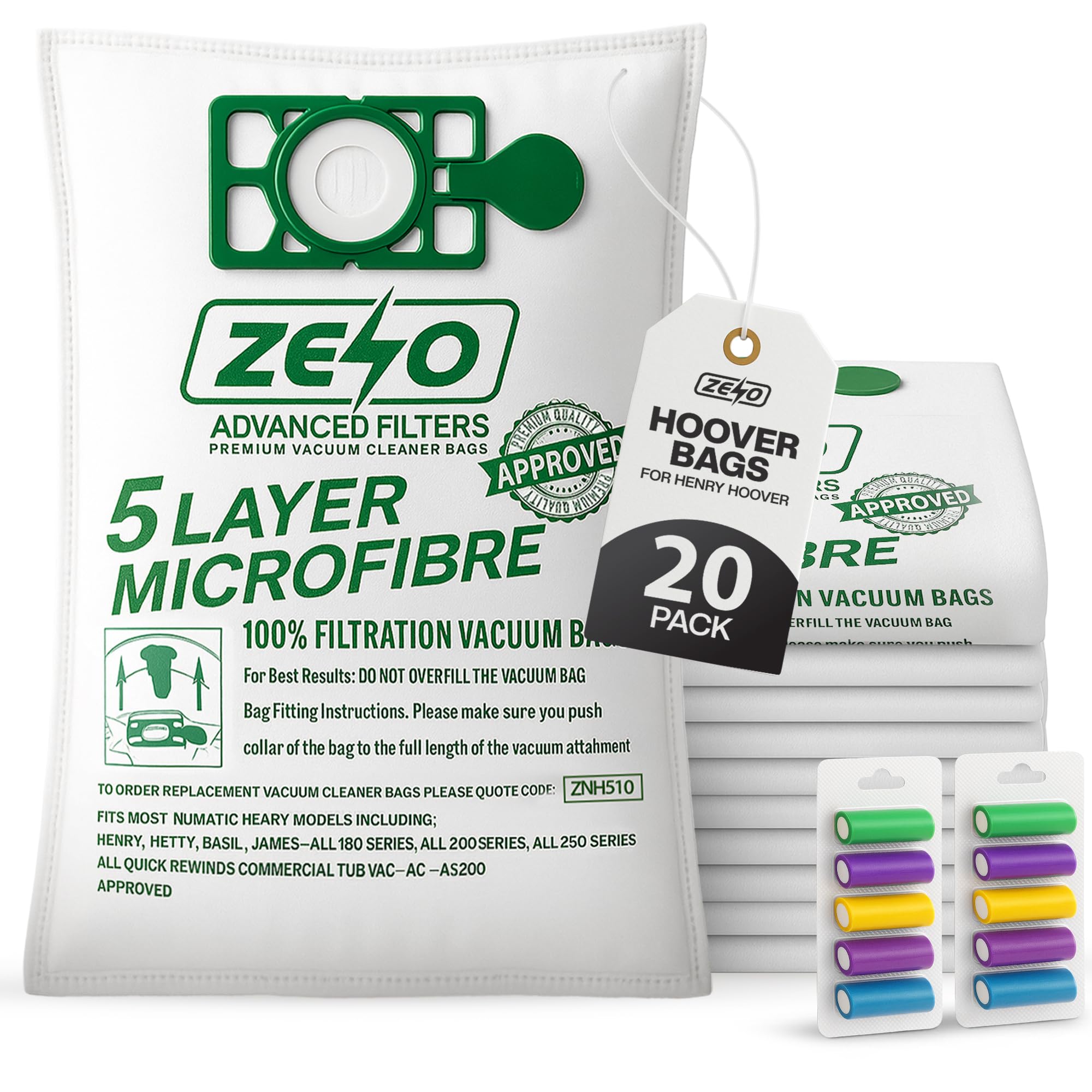 ZENO Hoover Bags for Henry Hoover 20 Pack | HEPA-Flo Numatic Bags | 5 Layer Construction | High Filtration & Superior Cleaning Performance | Replacement for NVM-1CH / 907075 | 10 Air Fresheners