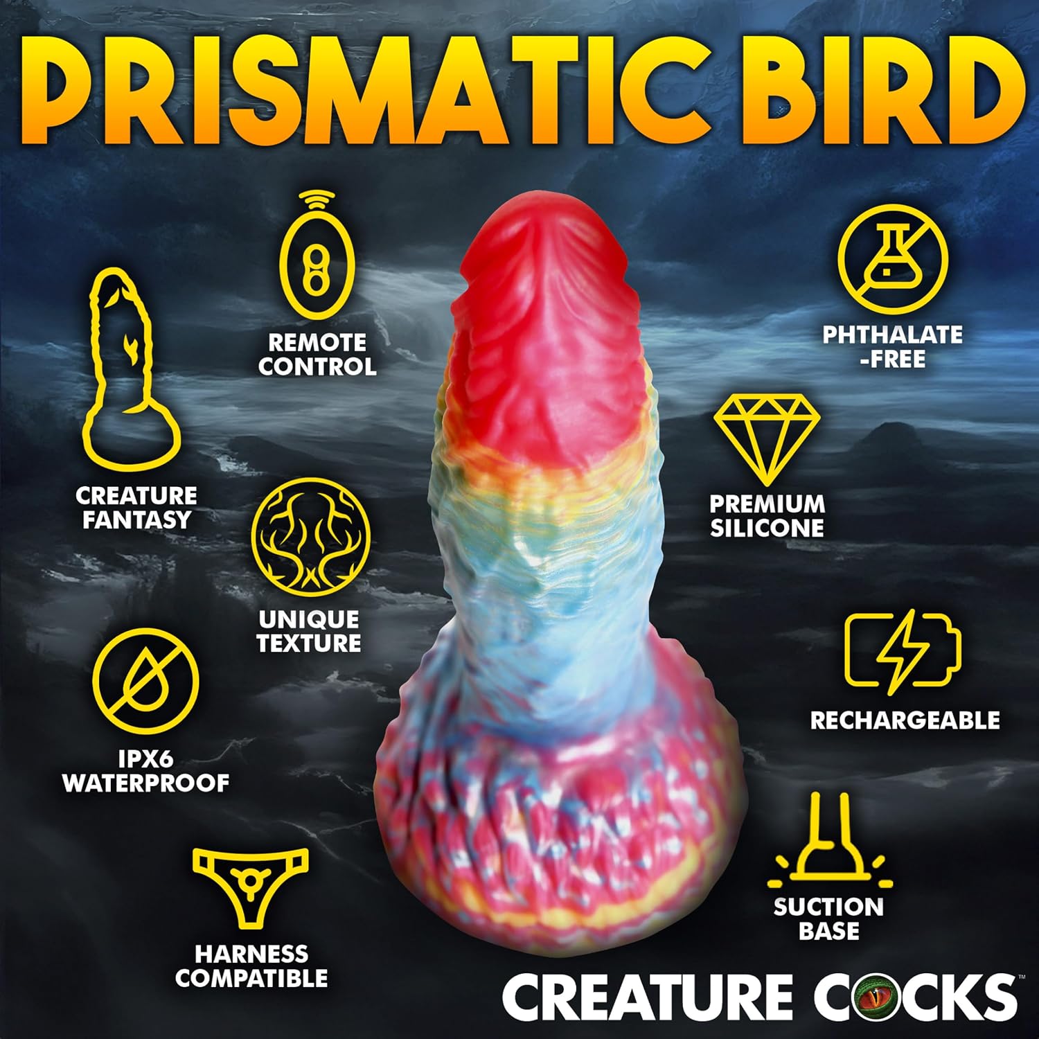 CREATURE COCKS Rainbow Phoenix Vibrating Silicone Dildo for Men, Women, & Couples. Fantasy Dildo with Powerful Vibration. Waterproof Silicone and Rechargeable with Remote Control. 1 Piece, Rainbow.