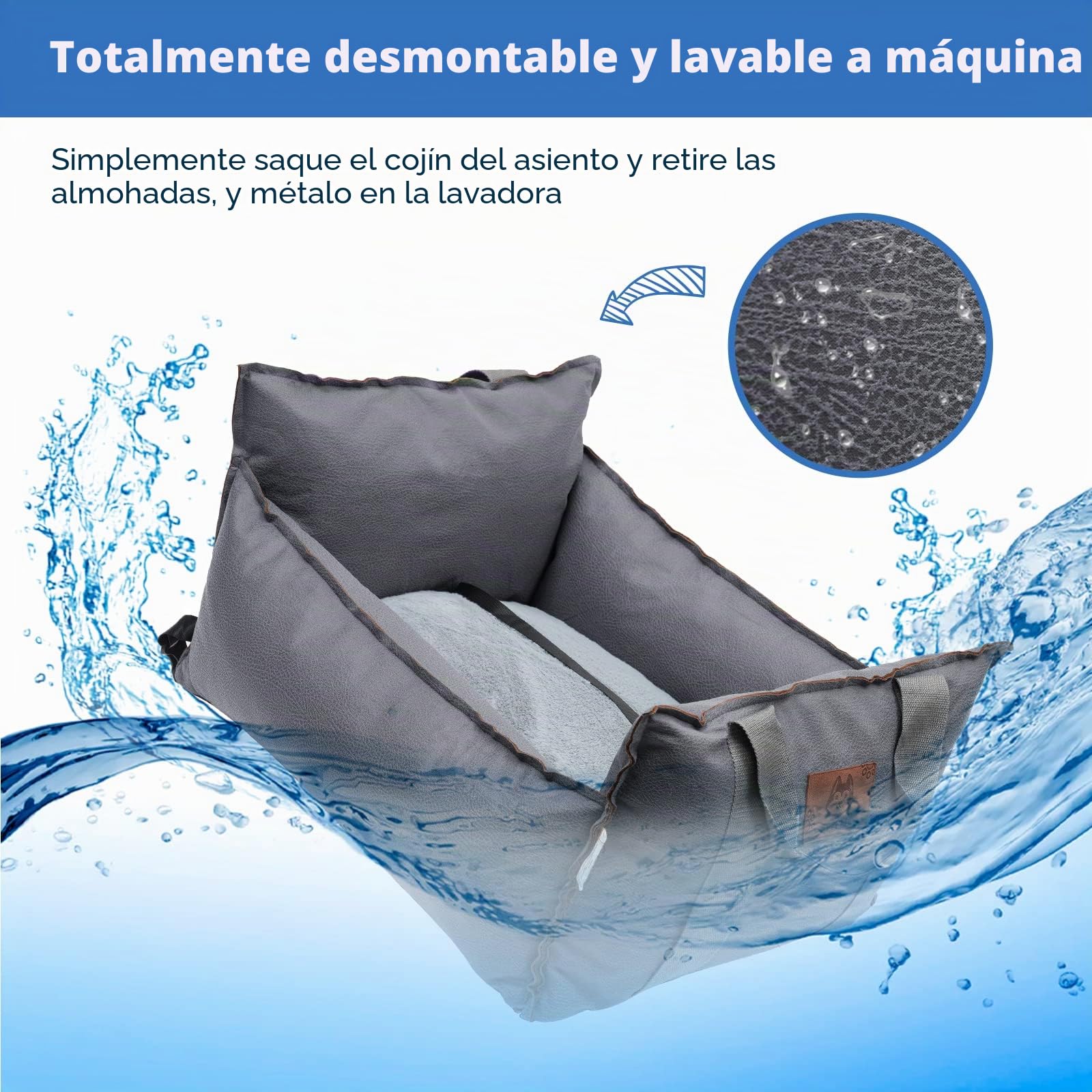 Asiento Elevador de Coche para Perros y Gatos - Cama para Mascotas de Doble Uso de Tela Versátil Cojín Grueso y Cinturón Seguridad (Azul Gris)