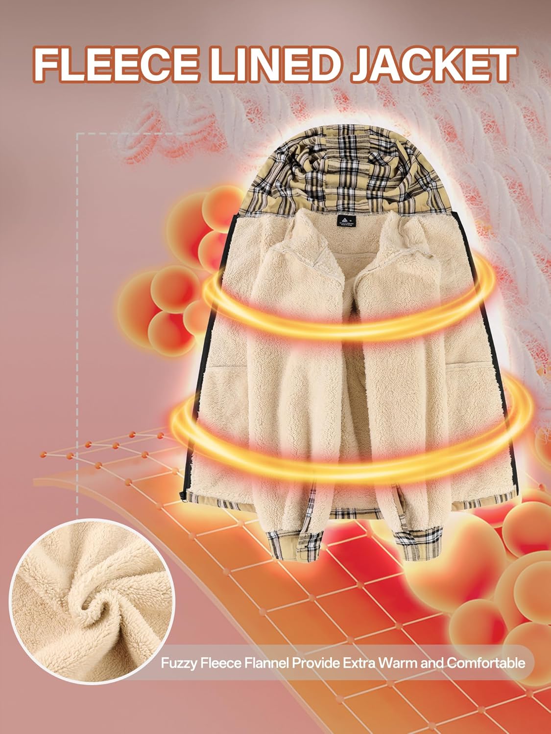 ZITY Mens Cotton Plaid Shirts Jacket Flannel Fleece Lined Hoodies Sherpa Zip Up Hoodie with Pocket - Image 4