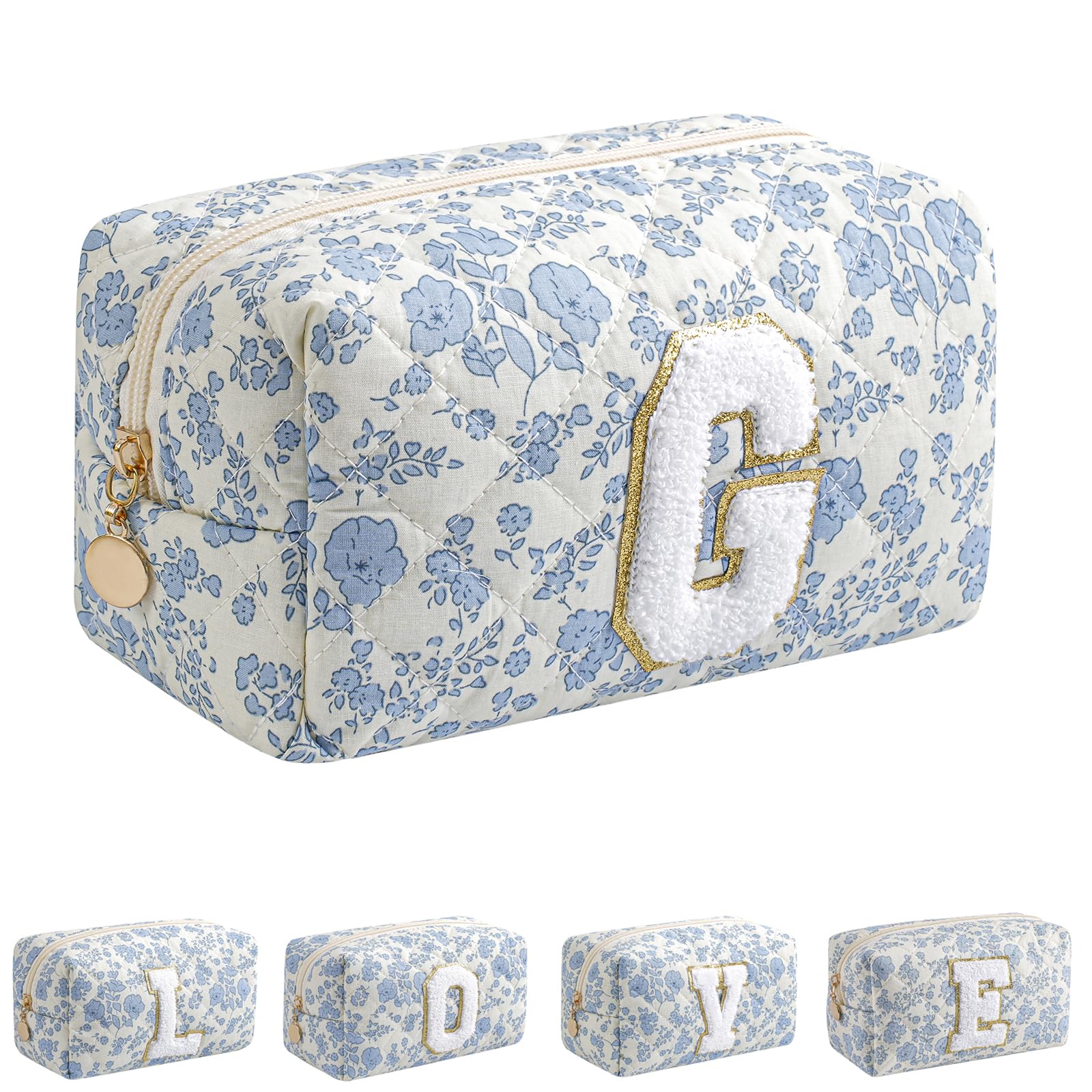 JOVAKIT Alphabet Makeup Bag Cosmetic Bag for Women, Christmas Gifts for Girls Age 6-18, Floral Flowers Coquette Travel Toiletry Zipper Make Up Pouch