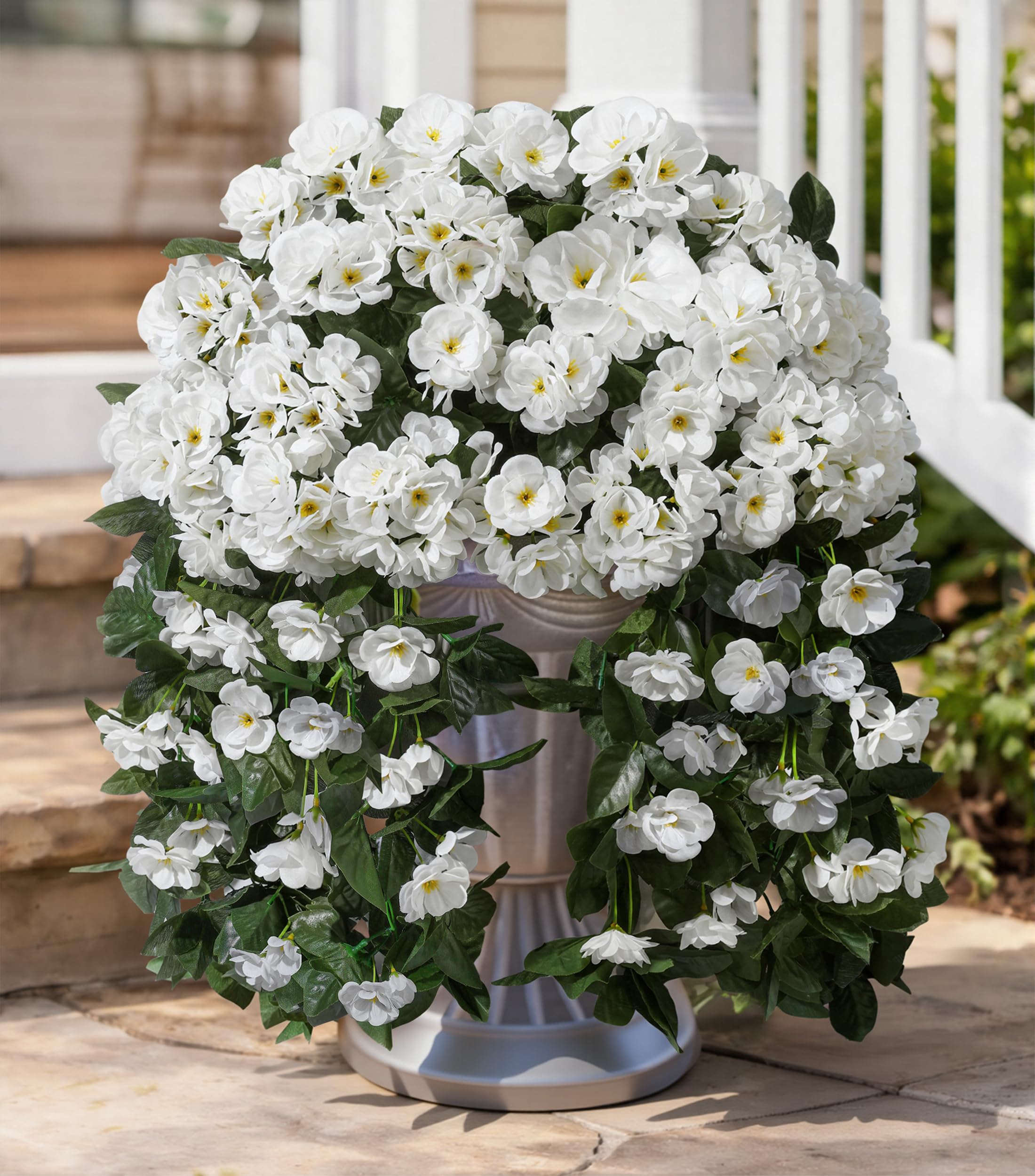 artificial fake hanging flowers geraniums for outdoors spring outside decor, 1 pcs faux silk flowers uv resistant outdoor plants realistic white trailing vines for planters porch patio garden balcony