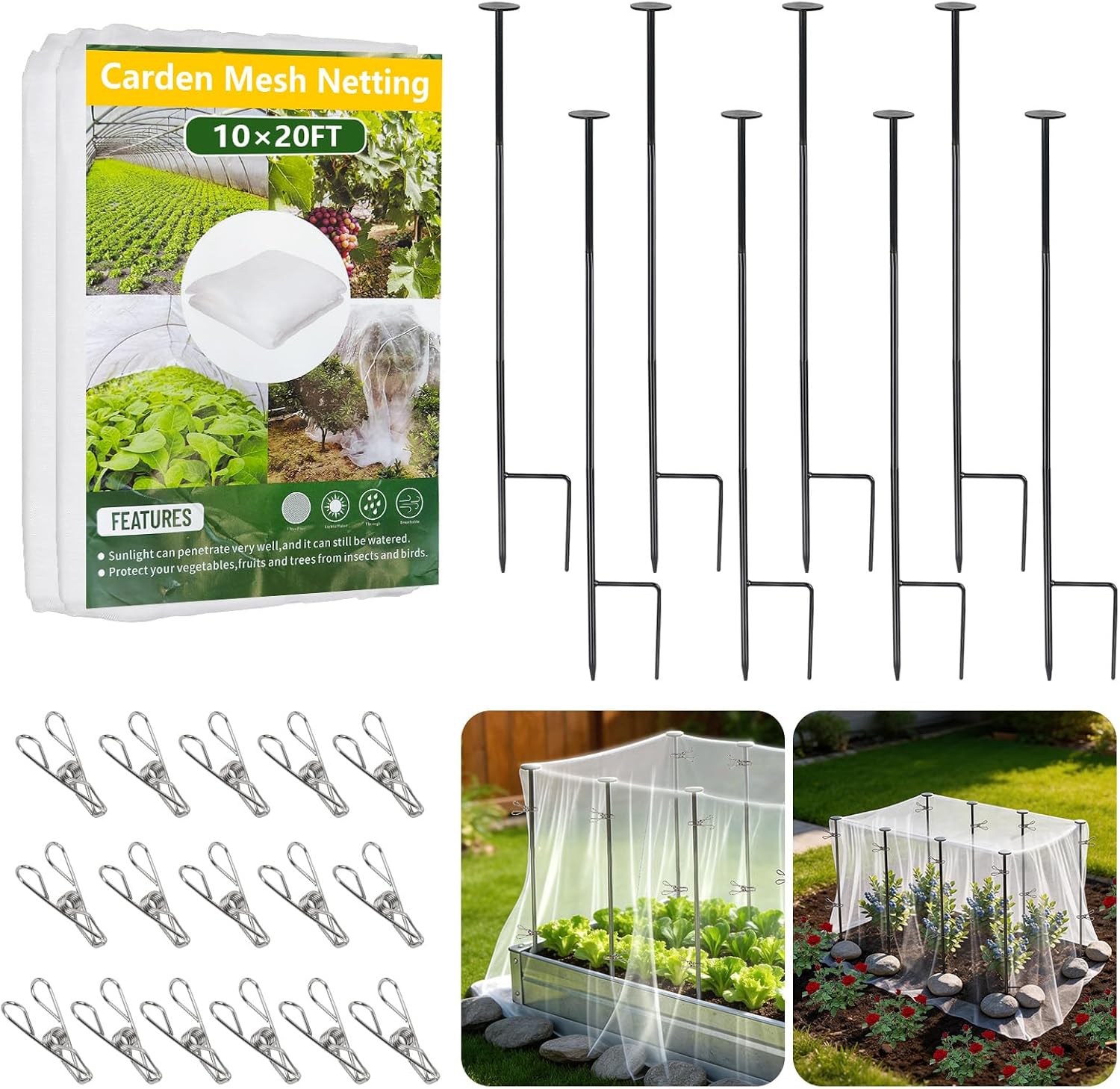 Metal Garden Netting Kit, 8 Pack 2.7ft Sturdy Outdoor Raised Beds Garden Stake Netting Support with 10'× 20' Durable Fine Insect Netting for Garden &16pcs Fixing Clips Plant Covers Set Pest Barrier