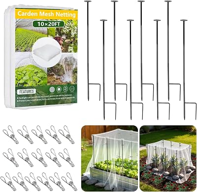 Metal Garden Netting Kit, 8 Pack 2.7ft Sturdy Outdoor Raised Beds Garden Stake Netting Support with 10'× 20' Durable Fine Insect Netting for Garden &16pcs Fixing Clips Plant Covers Set Pest Barrier