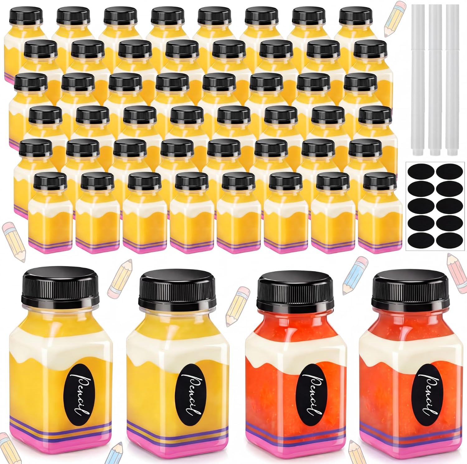 Patelai 50 Pcs Pencil Plastic Juice Bottles with Cap 4 oz Empty Juice Bottles with Label Mini Reusable Clear Ginger Shots Jars for Summer Pool Back to School Party Juicing Smoothies Drinking Fridge