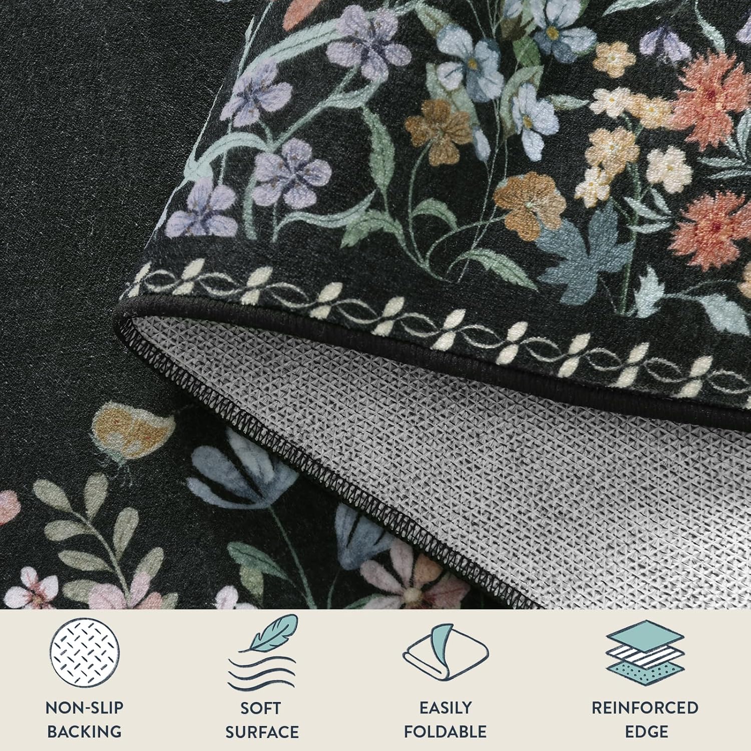 Lahome Boho Floral Black Washable 8x10 Area Rugs for Living Room, Non Slip Rugs for Bedroom, Indoor Throw Dining Room Carpet for Under Table Home Office Playroom(Black,8x10)