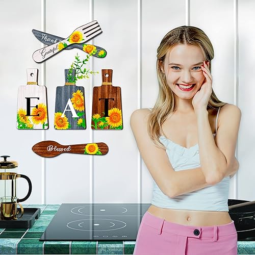 Miniatura 16 de Juego de 6 letreros de girasol para cocina, tenedor y cucharas, decoración de pared de cocina, placas colgantes de madera, arte de pared de granja,