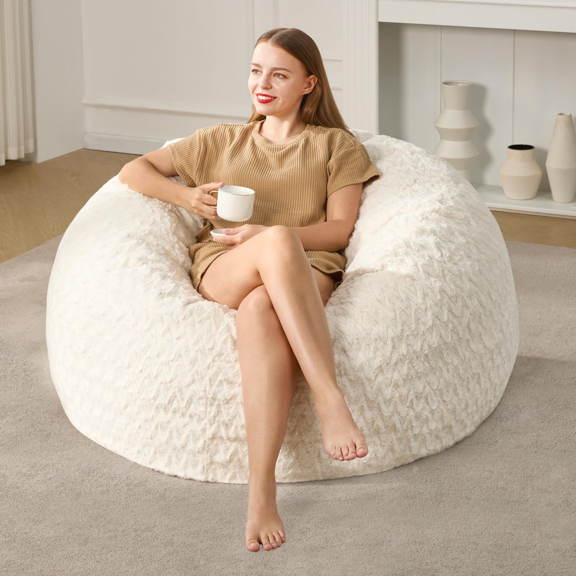 Hobestluk 3ft Bean Bag Chairs for Adults Large Beanbag Chair with Chevron  Plush Fur Cover Big Bean Bag Chair for Living Room Bedroom Dorm Office
