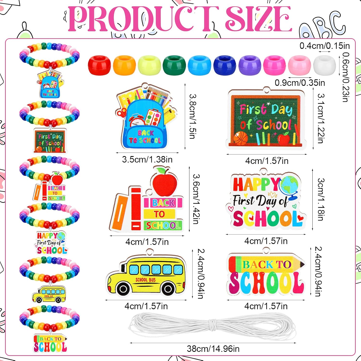 1048 Pcs 24 Sets Back to School Bracelet Making Kit, Beaded Bracelet Craft Kit with Wooden Charms for Welcome First Day of School Gift DIY School Supplies Kit Jewelry Making Supplies Party