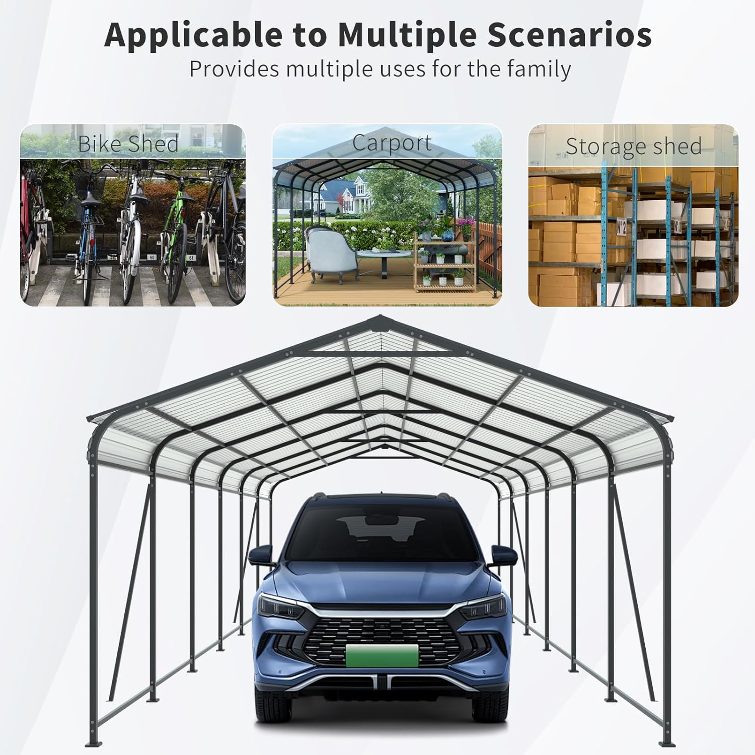 12 × 32 FT Carport, Metal Heavy Duty Carport Canopy with Galvanized Steel Roof and Frame, Large Garage with Fixed Inclined Square Tube Supports for Driveway Car, Truck Black