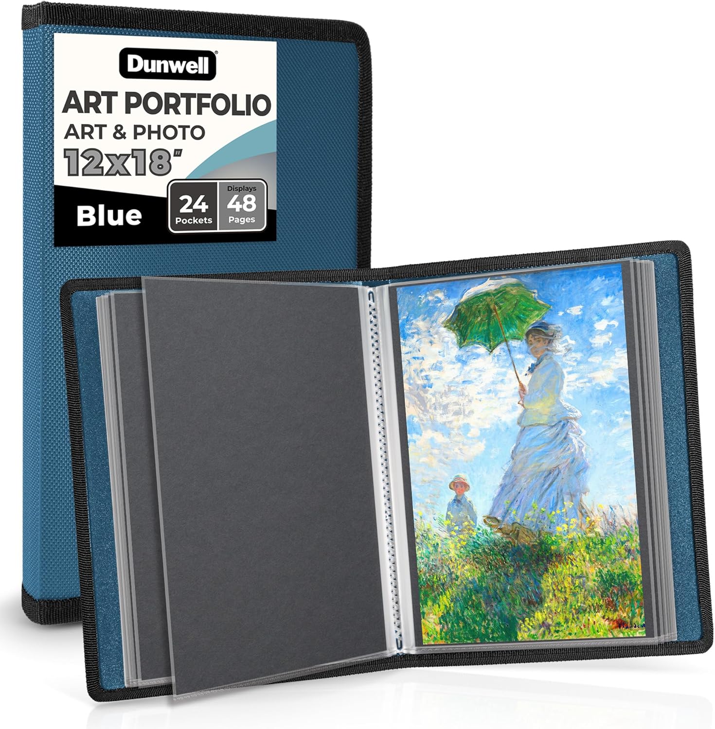 Dunwell 12x18 Art Portfolio Binder with Black Mounting Paper (Blue), Large Portfolio Folder for Artwork Storage, 24 Sleeves Display 48 Pages, 12 x 18 Presentation Book, Acid-Free Poly 12x18" w/ BLK Paper Cobalt Blue