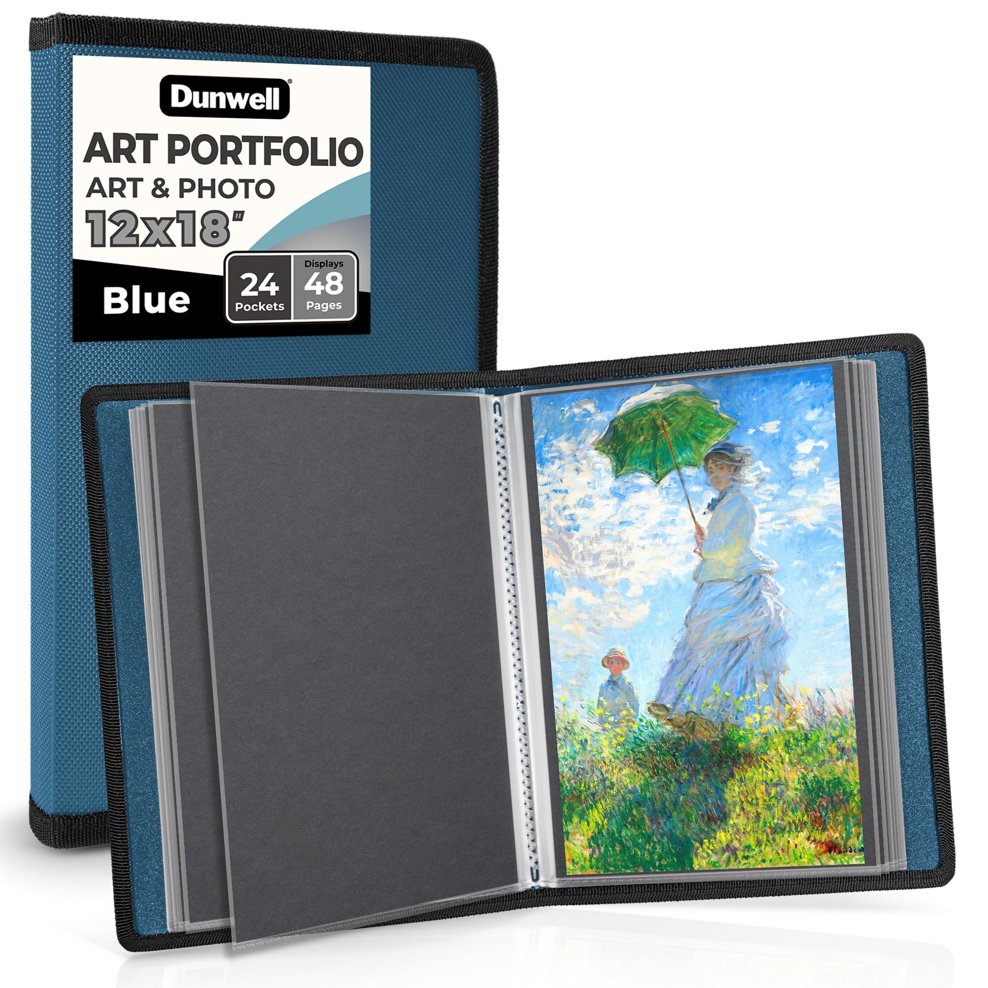 Dunwell Cobalt Blue 12X18 Art Portfolio Binder With Black Mounting Paper (Blue), Large Portfolio Folder For Artwork Storage, 24 Sleeves Display 48 Pages, 12 X 18 Presentation Book, Acid-Free Poly